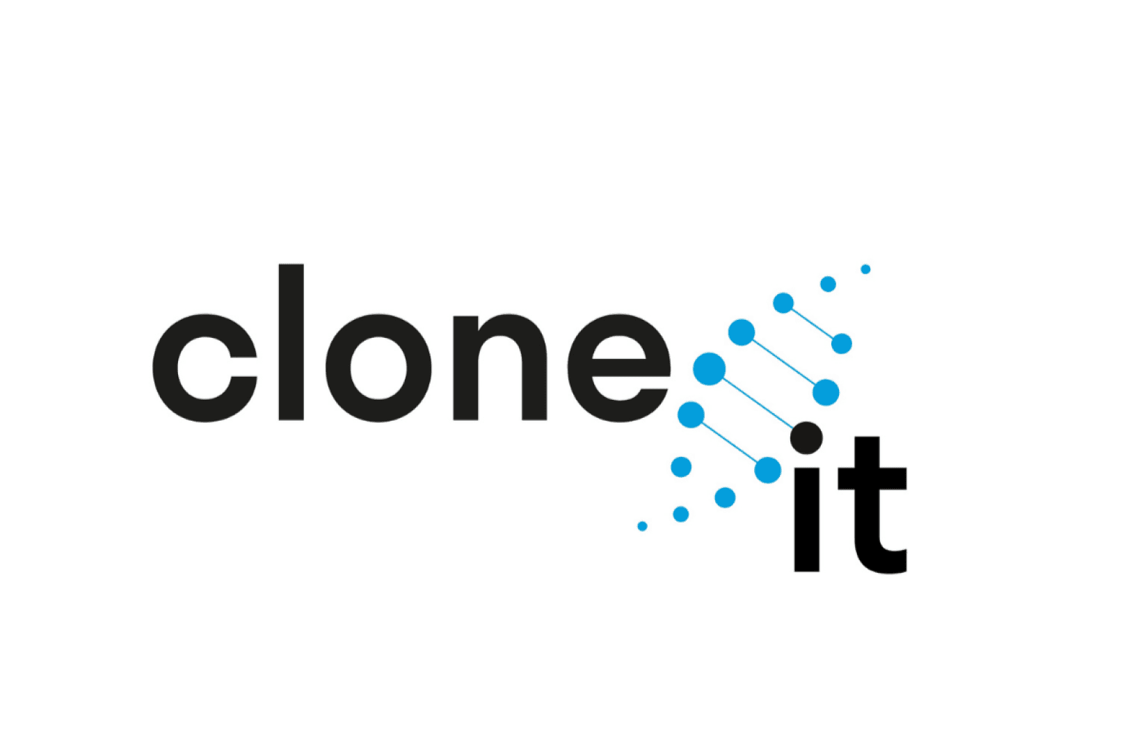 Das Logo zeigt die Worte "clone it". Blaue Kreise und Linien zwischen den Worten bilden eine stilisierte DNA-Doppelhelix, mit "clone" in schwarzer und "it" in fetten schwarzen Buchstaben. Der Hintergrund ist weiß.
