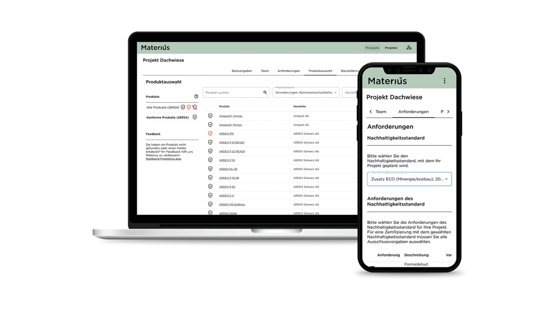 Sur un ordinateur portable et un smartphone, une interface logicielle appelée Materius Projekt Dachweise s'affiche avec des listes, des onglets et des détails d'exigences en français, montrant la compatibilité entre les différents appareils.