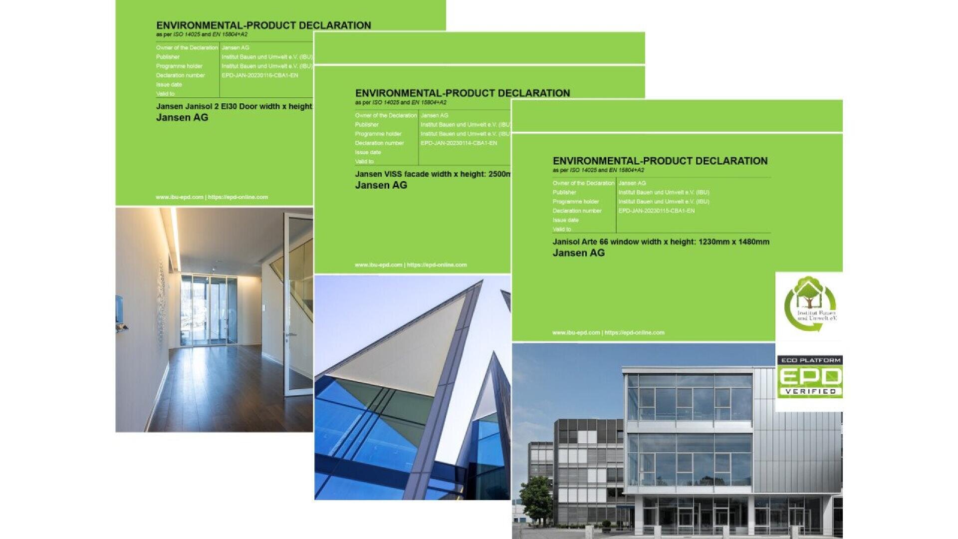 Trois documents verts et blancs de déclaration environnementale de produit se chevauchent, chacun contenant des informations sur le produit et l'entreprise. Derrière eux, des images de bâtiments modernes, de fenêtres et de portes illustrent des conceptions architecturales.