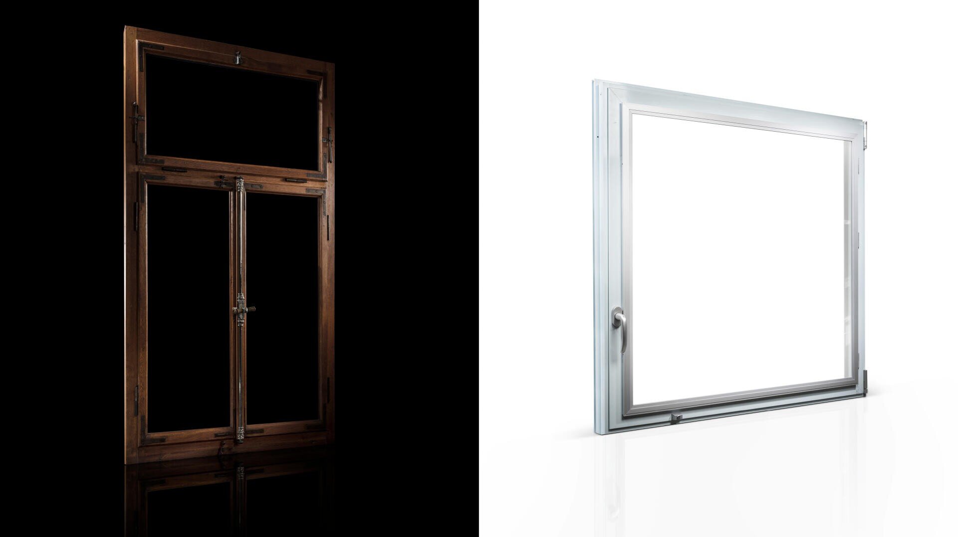 L'image montre deux cadres de fenêtre : un cadre en bois sur un fond noir à gauche et un cadre métallique moderne sur un fond blanc à droite. Les deux cadres sont vides et ne montrent que leurs structures.