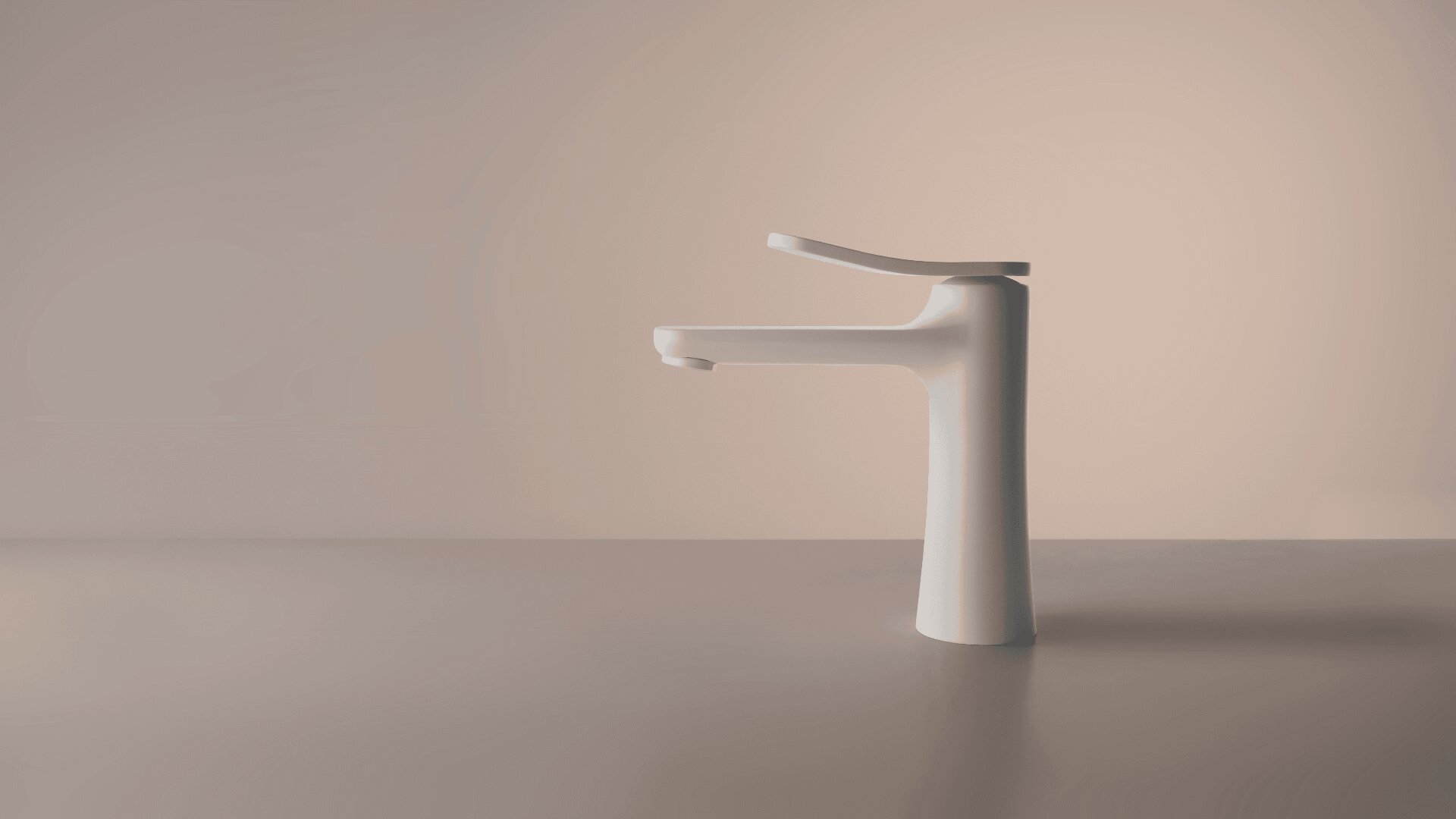 Un robinet blanc moderne et minimaliste avec une poignée incurvée se dresse sur une surface lisse gris clair sur un fond beige doux. Le design est élégant et contemporain, avec des lignes épurées et une finition mate.