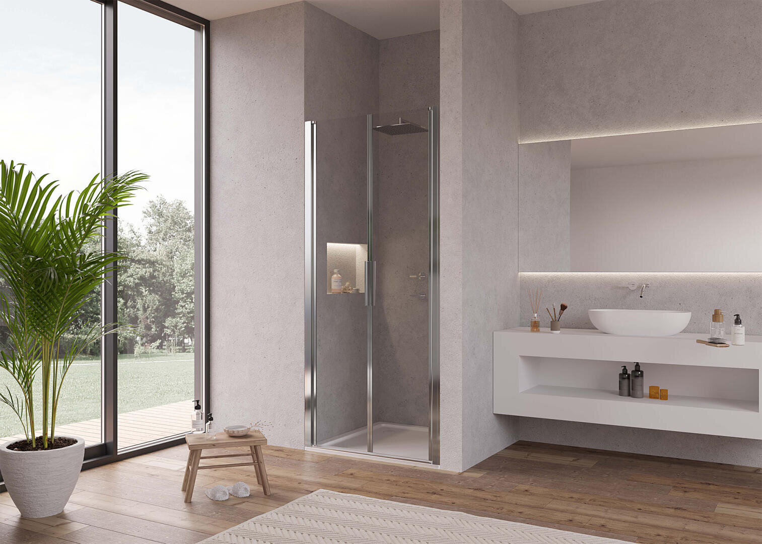 La salle de bain moderne dispose d'une cabine de douche en verre, d'un lavabo blanc flottant avec vasque, d'un miroir rond, d'une plante en pot, d'un tabouret en bois et de grandes fenêtres donnant sur un espace extérieur verdoyant.