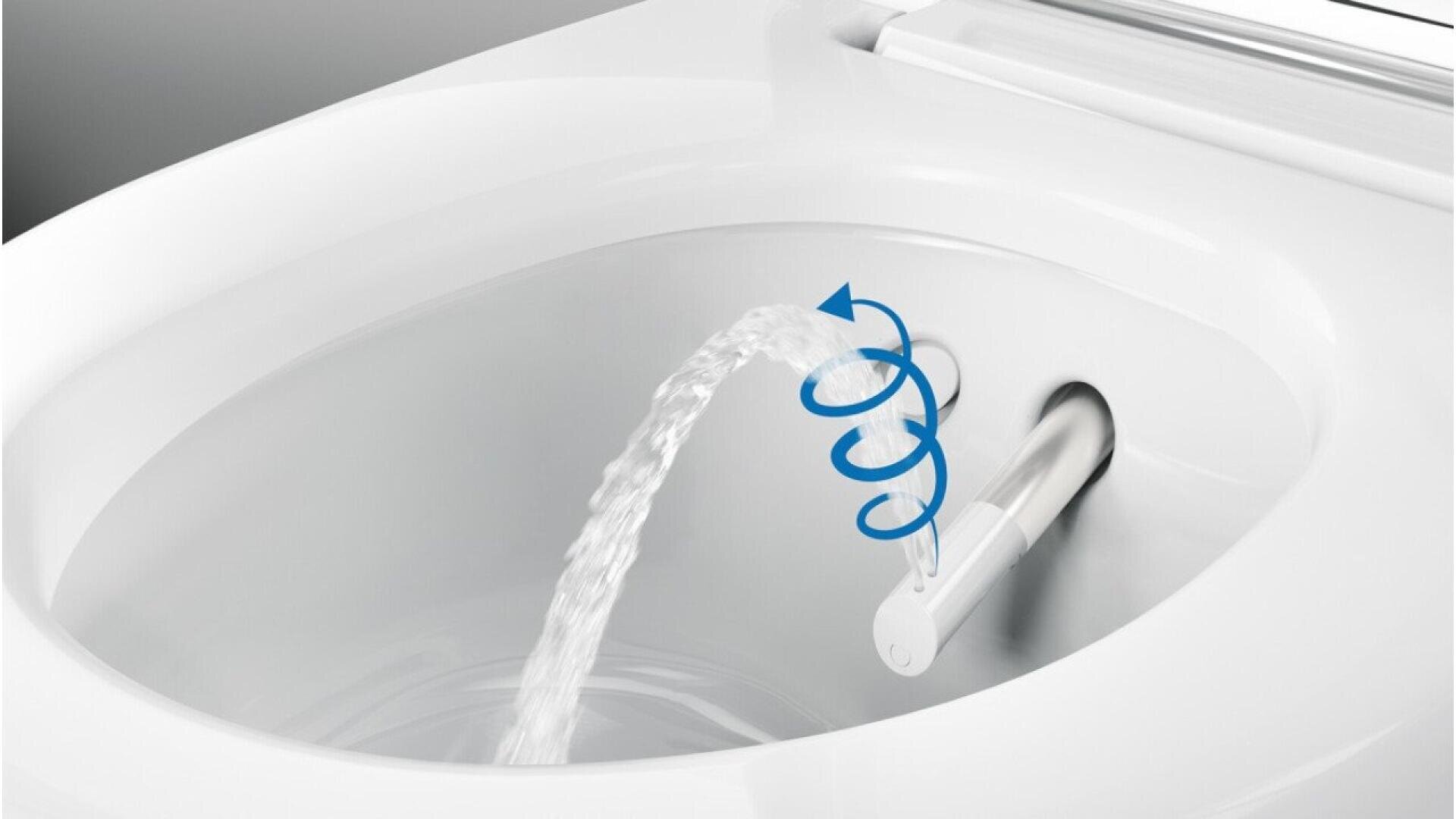 Gros plan d'un bidet avec une buse pulvérisant un jet d'eau, illustré par des flèches bleues montrant le mouvement tourbillonnant de l'eau à l'intérieur de la cuvette.