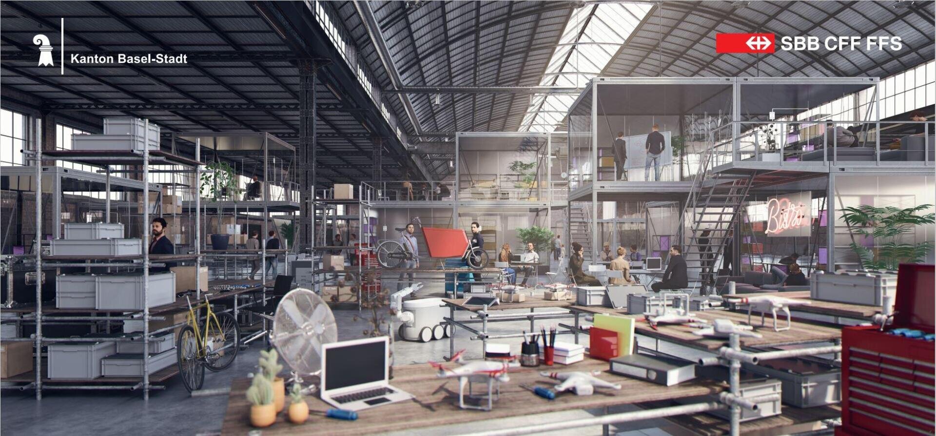 Ein modernes, geräumiges Coworking-Büro im Industriedesign, mit Schreibtischen, Stühlen, Regalen, Fahrrädern und arbeitenden Menschen. Glaswände und hohe Decken sorgen für eine offene, kollaborative Atmosphäre. Die Logos des Kantons Basel-Stadt und der SBB CFF FFS sind sichtbar.