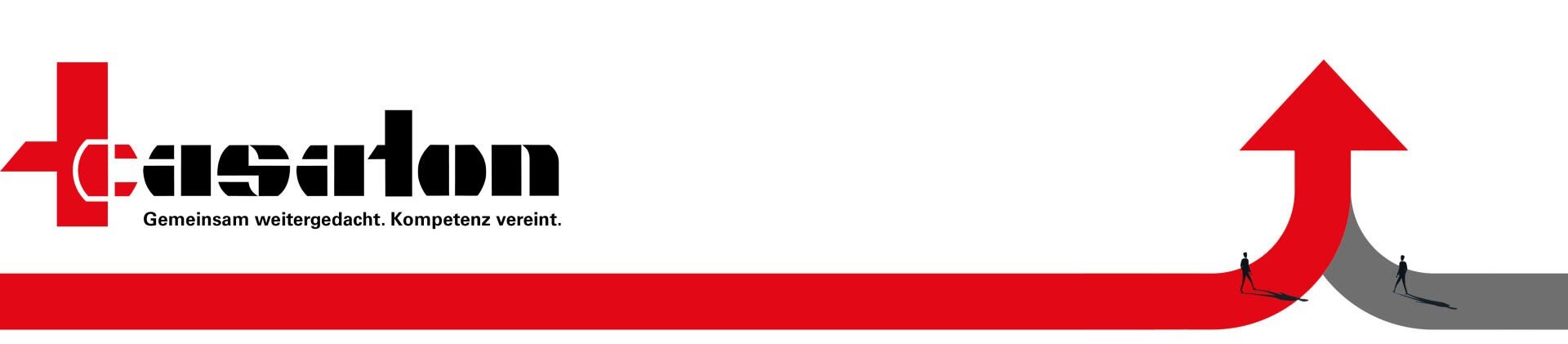 Une ligne rouge avec deux chiffres se transforme en une grande flèche vers le haut sur un fond blanc. Le logo "casaton" avec une croix rouge et le texte "Ensemble, continuons à penser. La compétence unie" apparaît sur le côté gauche.