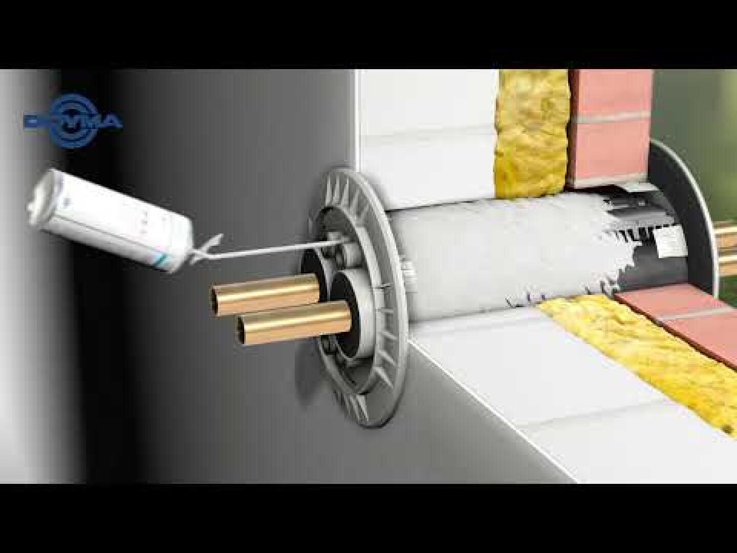 Eine digitale Illustration zeigt zwei Kupferrohre, die durch eine Wand verlaufen, wobei um die Rohre herum Dämmmaterial und Dichtungsmasse zum Brand- und Wärmeschutz angebracht sind.
