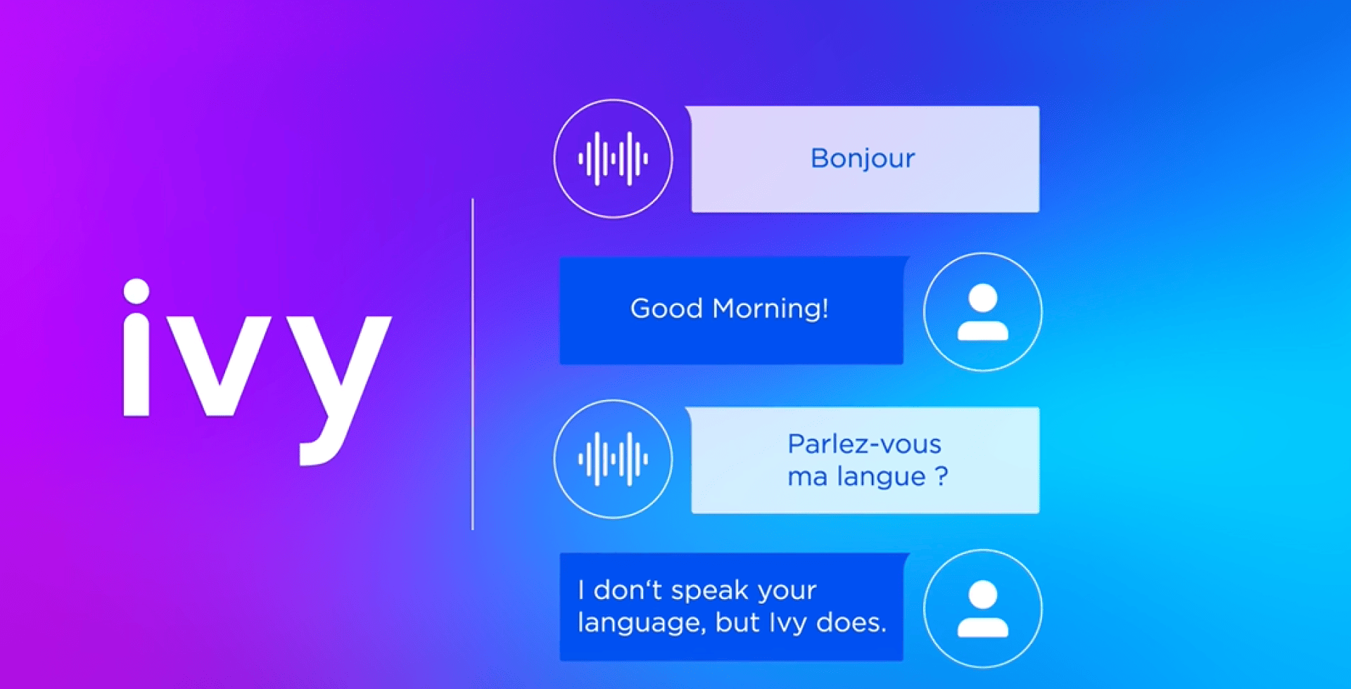 Un graphique sur fond de dégradé violet-bleu montre le mot lierre et des bulles de dialogue disant Bonjour, Good Morning, Parlez-vous ma langue ? et I don't speak your language, but Ivy does.