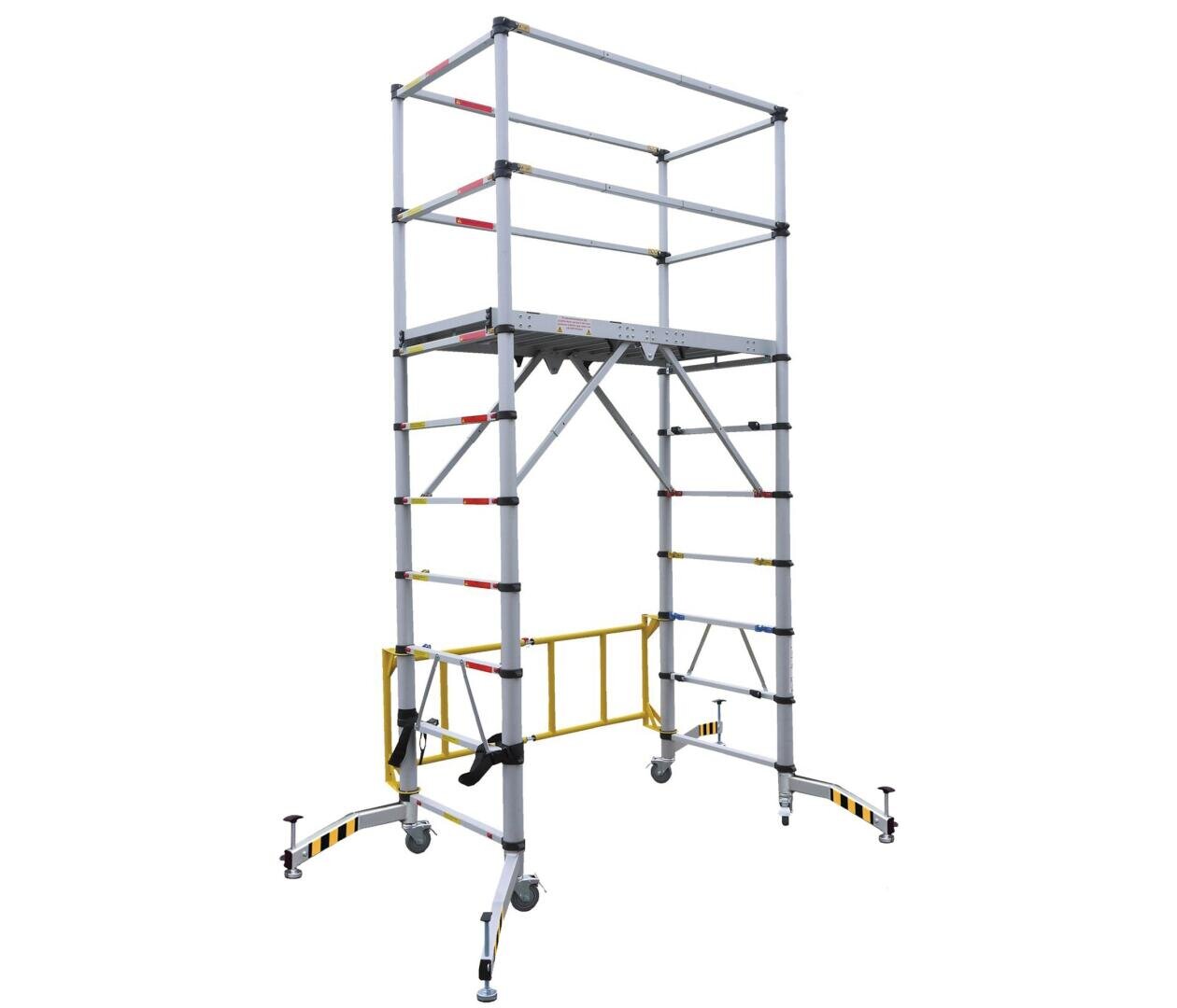 Un échafaudage mobile en aluminium avec des garde-corps, des stabilisateurs et des roulettes pivotantes verrouillables, conçu pour les travaux de construction ou d'entretien en hauteur.