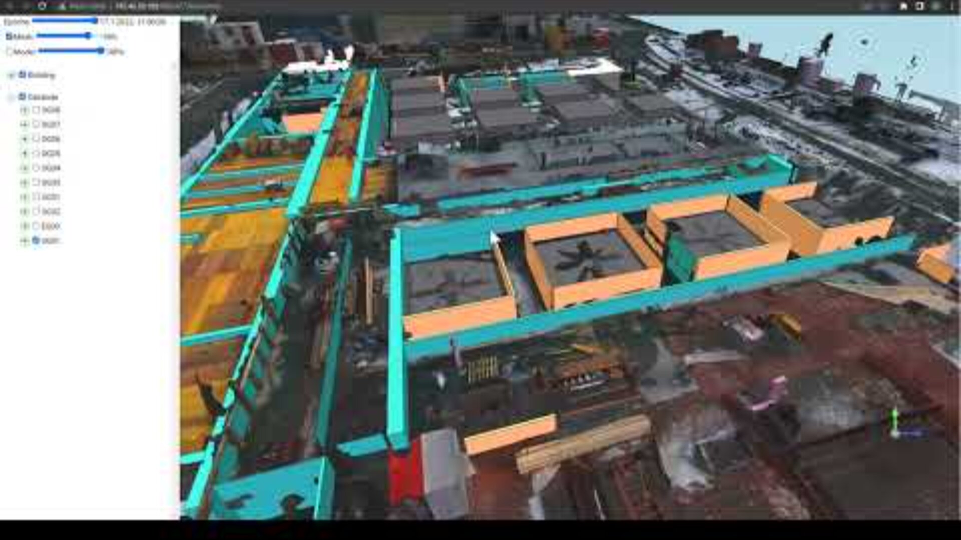 Eine 3D-Modellierungssoftware zeigt eine detaillierte Baustelle mit blau und gelb hervorgehobenen Gebäudestrukturen und einem Menü auf der linken Seite mit System- und Gebäudeoptionen.