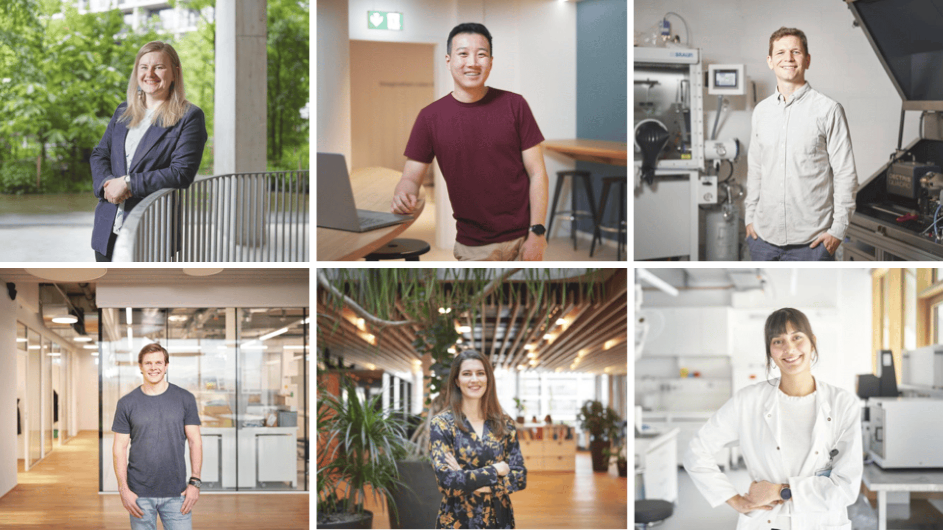 Eine Collage von sechs Personen in verschiedenen professionellen und modernen Büro- oder Laborumgebungen, die alle lächeln und selbstbewusst posieren, mit unterschiedlichen Hintergründen und Einstellungen wie Grünflächen, Labors und Großraumbüros.