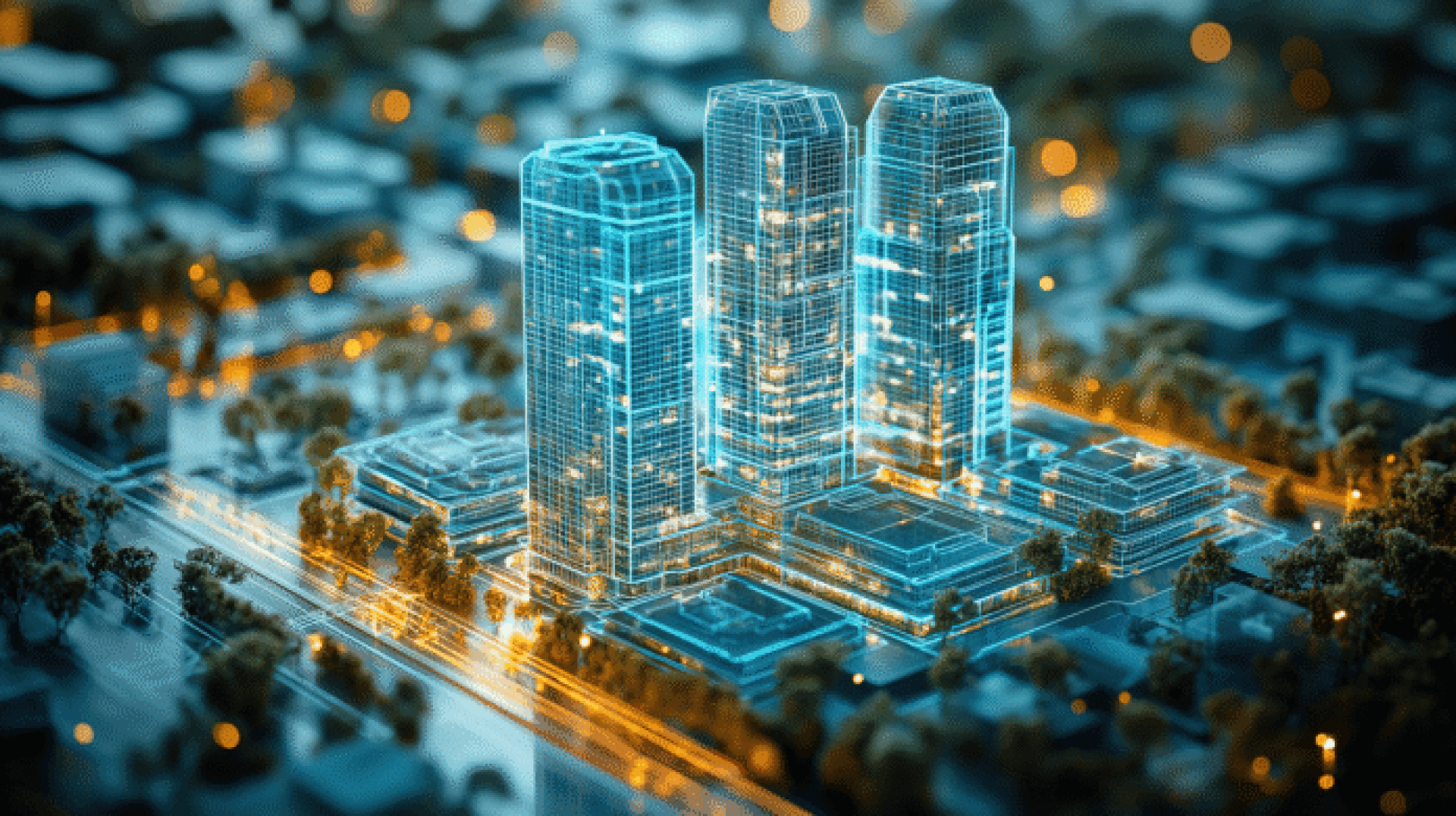 Ein digitales Rendering von drei hohen, blau leuchtenden Wolkenkratzern, umgeben von kleineren Gebäuden und Straßen, die ein futuristisches oder intelligentes Stadtkonzept mit Neonumrissen illustrieren.