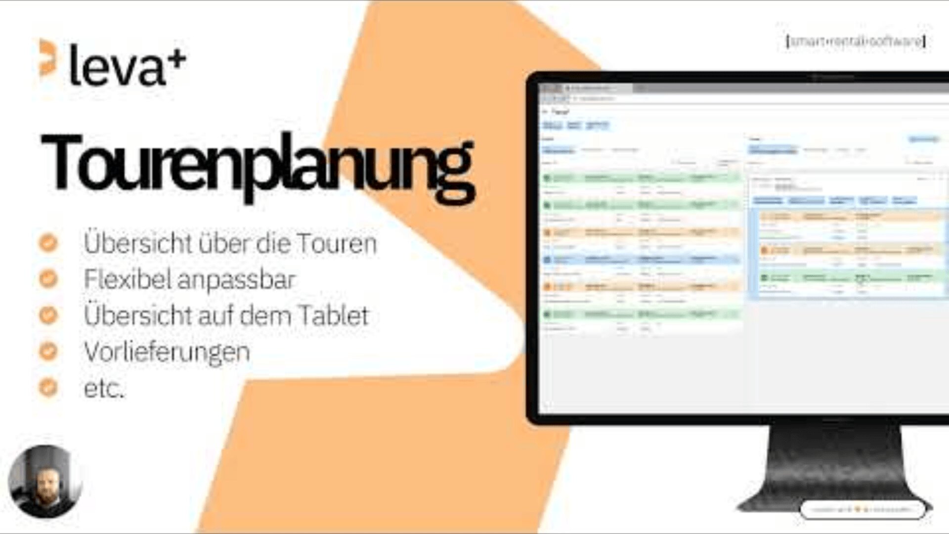 Eine Präsentationsfolie für leva+ Tourenplanung zeigt einen Computerbildschirm mit einer Terminplanungsschnittstelle. Zu den wichtigsten Punkten gehören der Überblick über die Touren, die Flexibilität, der Zugriff auf Tablets, Vorlagen und mehr.