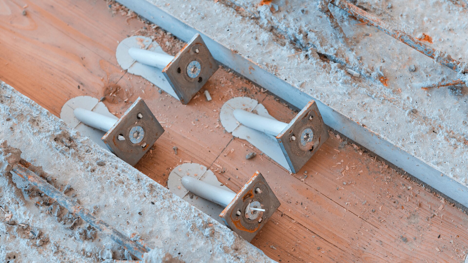 Nahaufnahme von vier Metallankern, die auf einer Holzoberfläche befestigt sind, umgeben von Sägemehl und Bauschutt. Die Bolzen haben quadratische Platten und sind in zwei parallelen Reihen angeordnet.