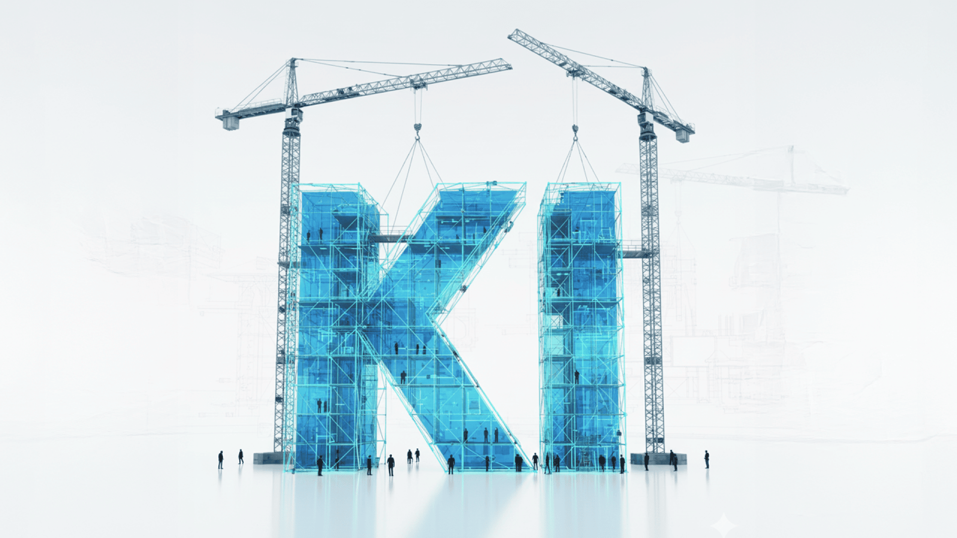 Deux grues de construction assemblent une grande structure transparente qui forme les lettres KI. Sur un fond blanc minimal, de minuscules personnes se tiennent à proximité, suggérant le travail d'équipe et la construction.