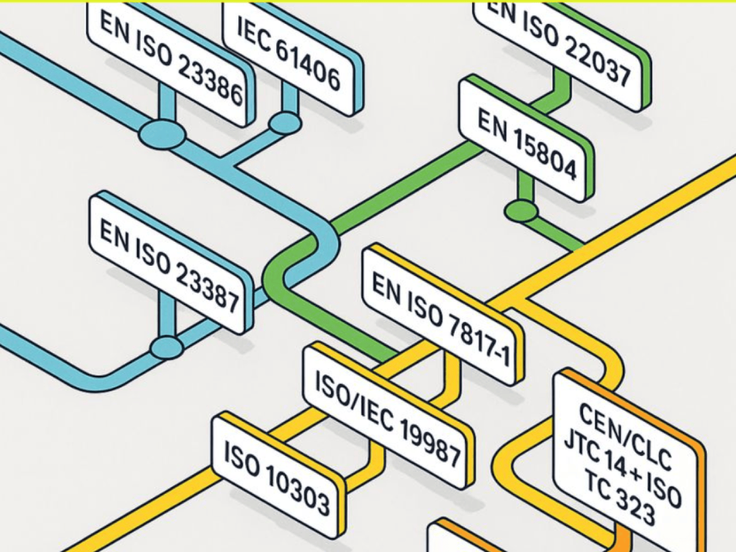 Ein farbenfrohes Flussdiagramm zeigt zusammenhängende Linien, die verschiedene Normcodes wie EN ISO 23387, IEC 61406, EN ISO 22037, EN ISO 7817-1, ISO/IEC 19987 und ISO 10303 miteinander verbinden.