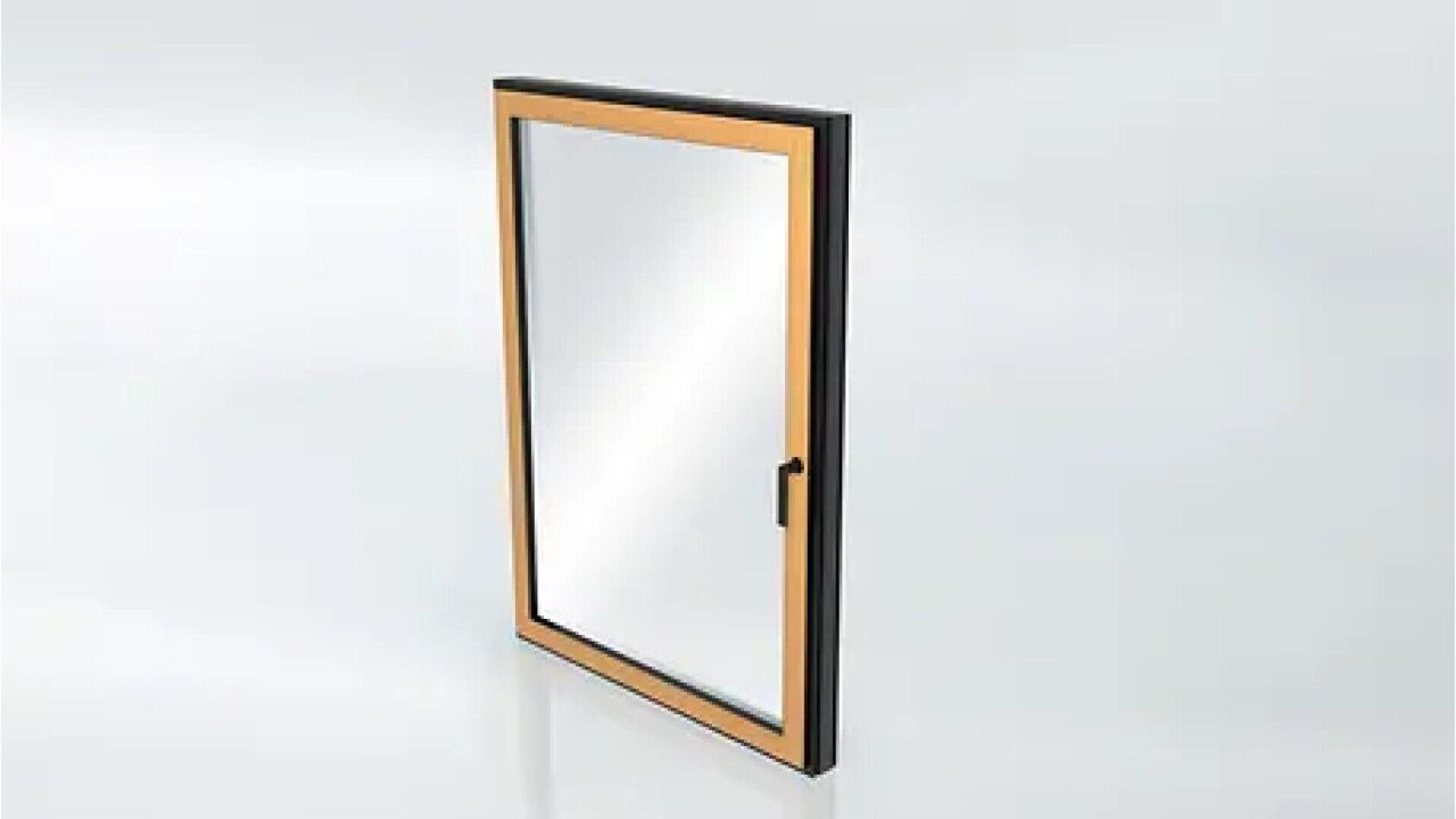 Une seule fenêtre rectangulaire avec un cadre en bois et une poignée noire, représentée légèrement ouverte sur un fond uni et clair.