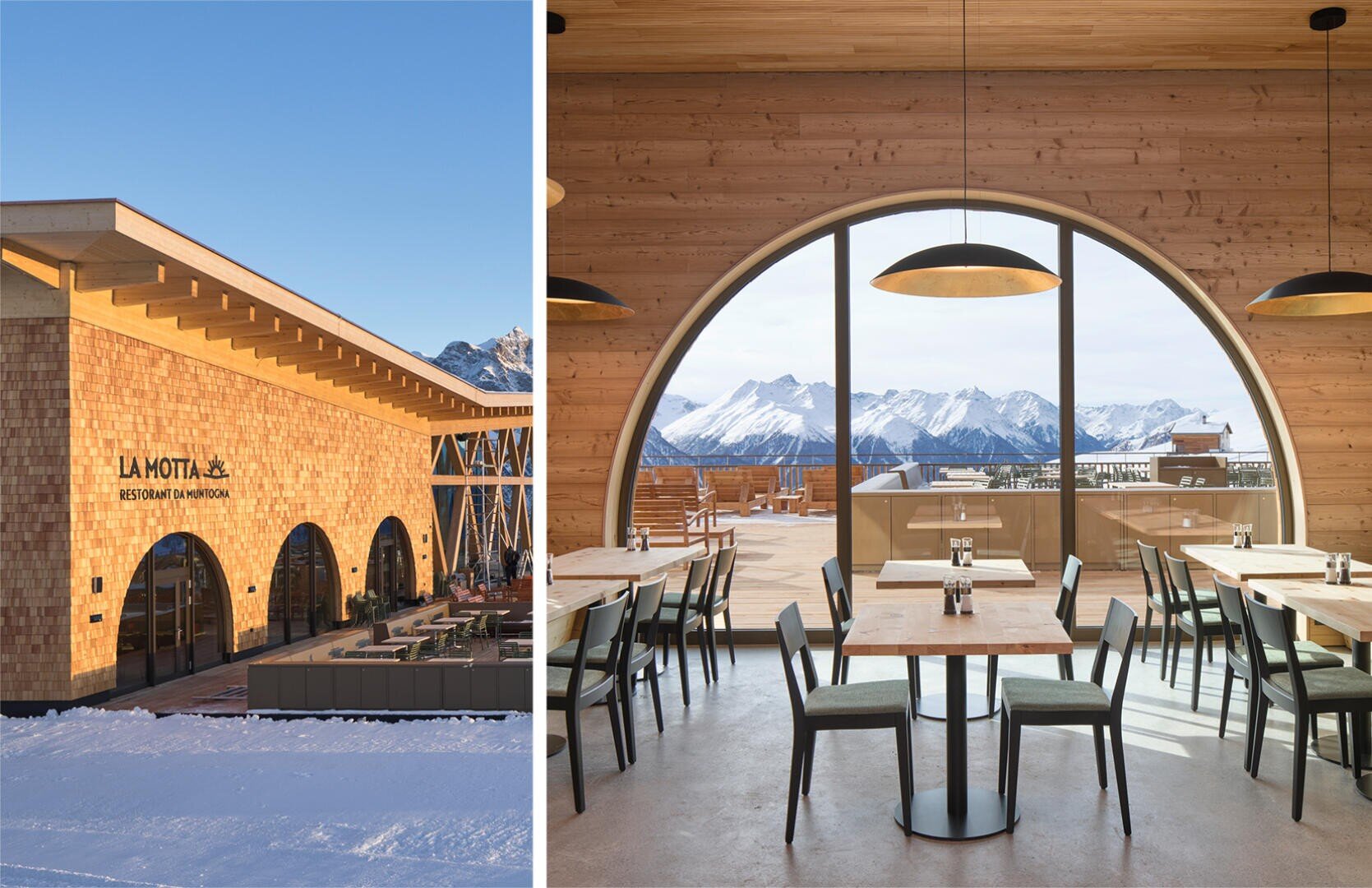 Images d'un restaurant moderne en bois côte à côte : vue extérieure avec l'enseigne "LA MOTTA" dans les montagnes enneigées et intérieur lumineux avec une grande fenêtre en arc donnant sur les montagnes, tables et chaises en bois.