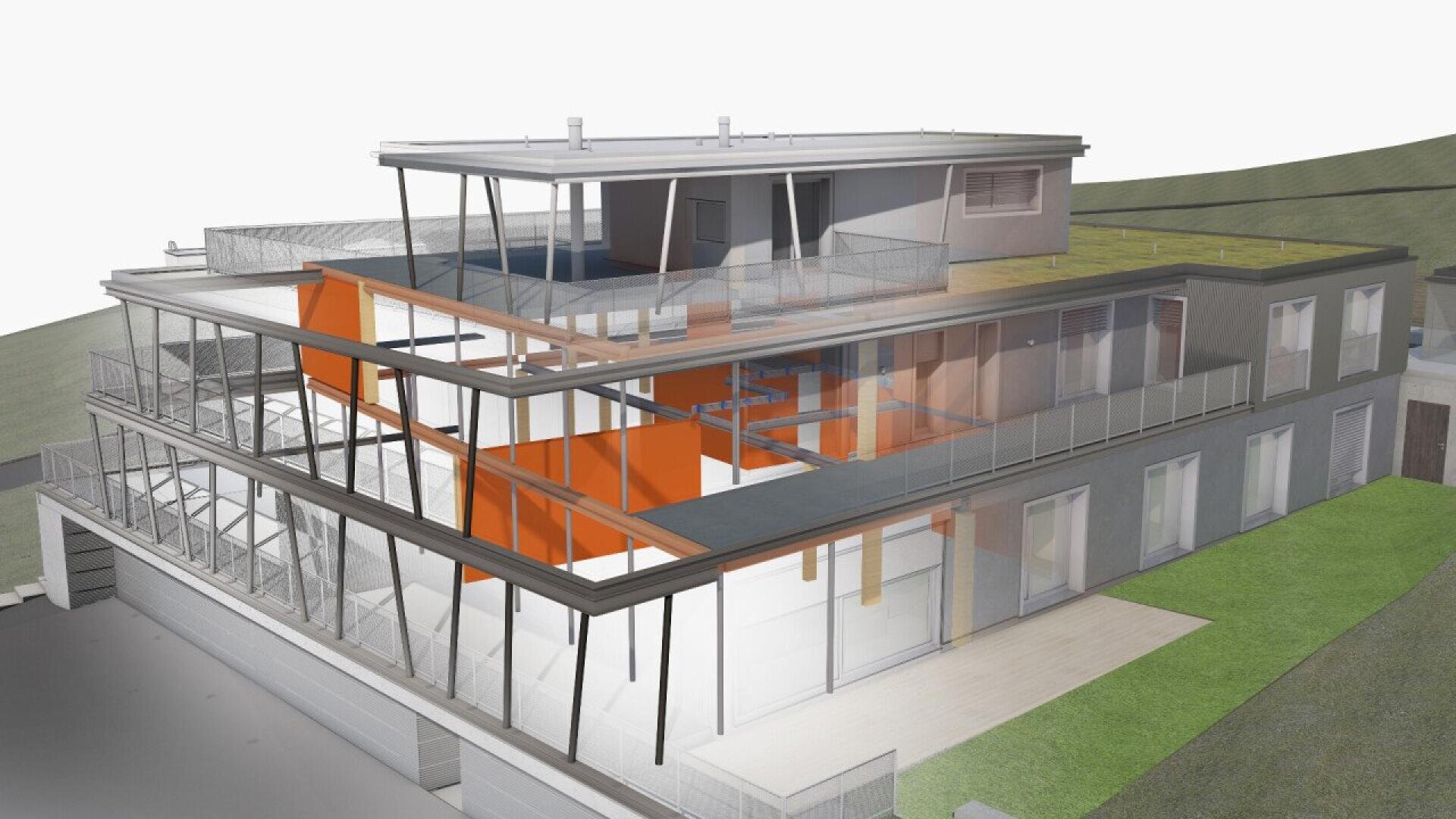 Rendu architectural en 3D d'un bâtiment moderne à plusieurs niveaux avec de grandes parois vitrées, des éléments intérieurs orange et un espace vert sur le toit, vu d'un angle légèrement surélevé.