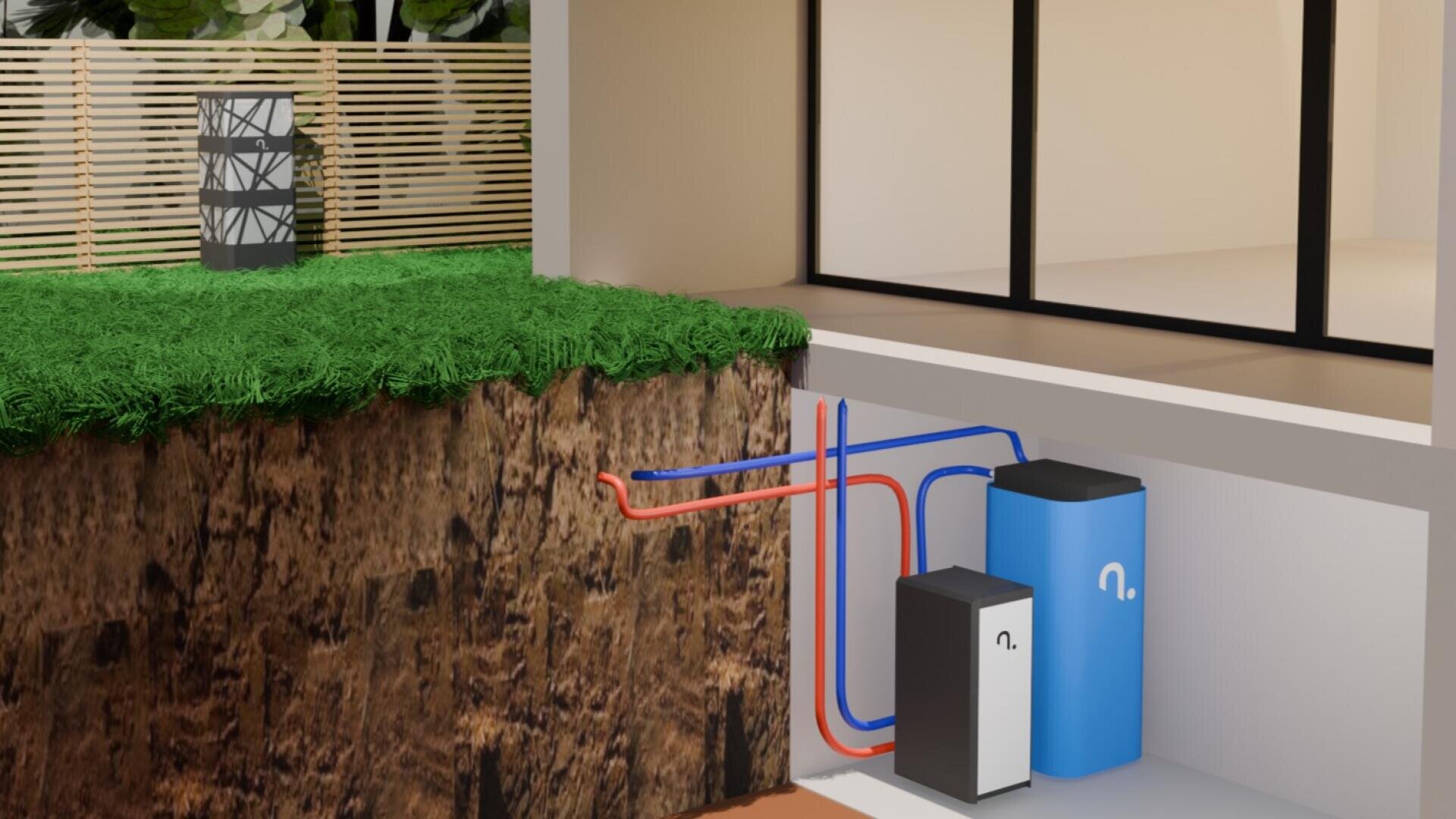 Ein Querschnitt durch ein modernes Haus zeigt eine Erdwärmepumpenanlage von nullpunkt mit unterirdisch verlaufenden Rohren, die an Wärmepumpeneinheiten angeschlossen sind, die im Keller installiert sind.
