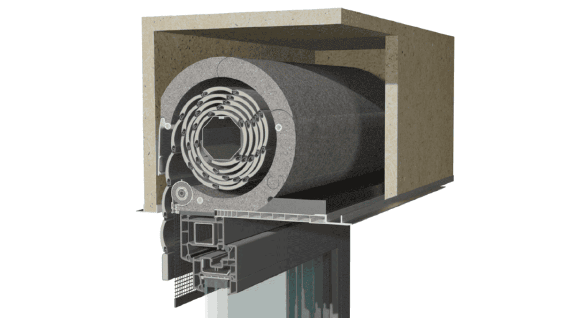Une coupe transversale détaillée d'un assemblage de fenêtres montre un mécanisme de volet roulant isolé logé à l'intérieur d'un caisson rectangulaire au-dessus du cadre de la fenêtre. Le volet est enroulé, révélant sa structure en couches.