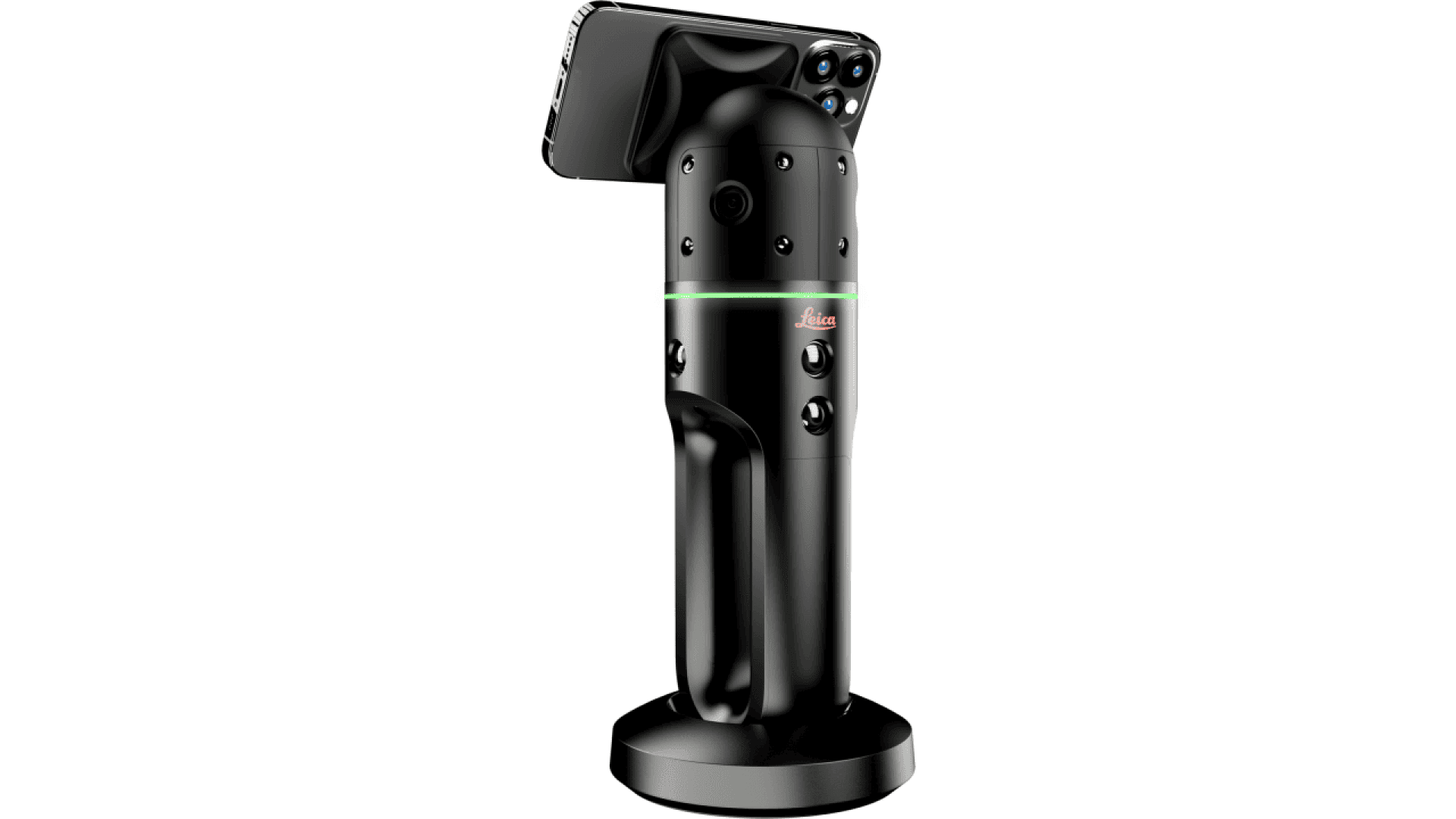 Un appareil cylindrique noir avec une poignée et une base ronde, doté de multiples petits capteurs et boutons, sur lequel est posé un smartphone. L'appareil est doté d'un anneau lumineux vert et du logo Leica sur son corps.