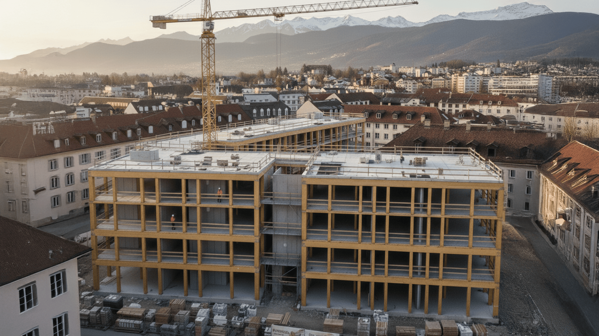 Ein im Bau befindliches mehrstöckiges Holzgebäude, umgeben von Gerüsten und Materialien, mit einem Kran darüber. Die Baustelle befindet sich in einer Stadt mit Bergen im Hintergrund und Wohngebäuden in der Umgebung.