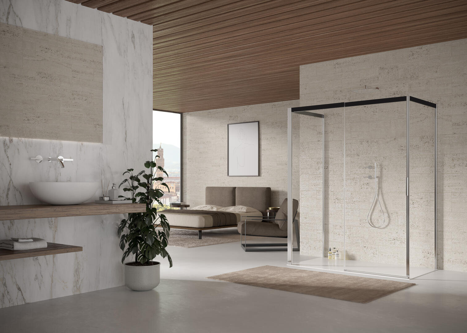 Modernes Badezimmer mit Glasdusche, rundem Waschbecken auf einem Holztresen, einer Topfpflanze und einem angrenzenden Schlafzimmer mit Bett, großem Fenster und minimalistischer Einrichtung. Überall finden sich Akzente aus Marmor und hellem Holz.