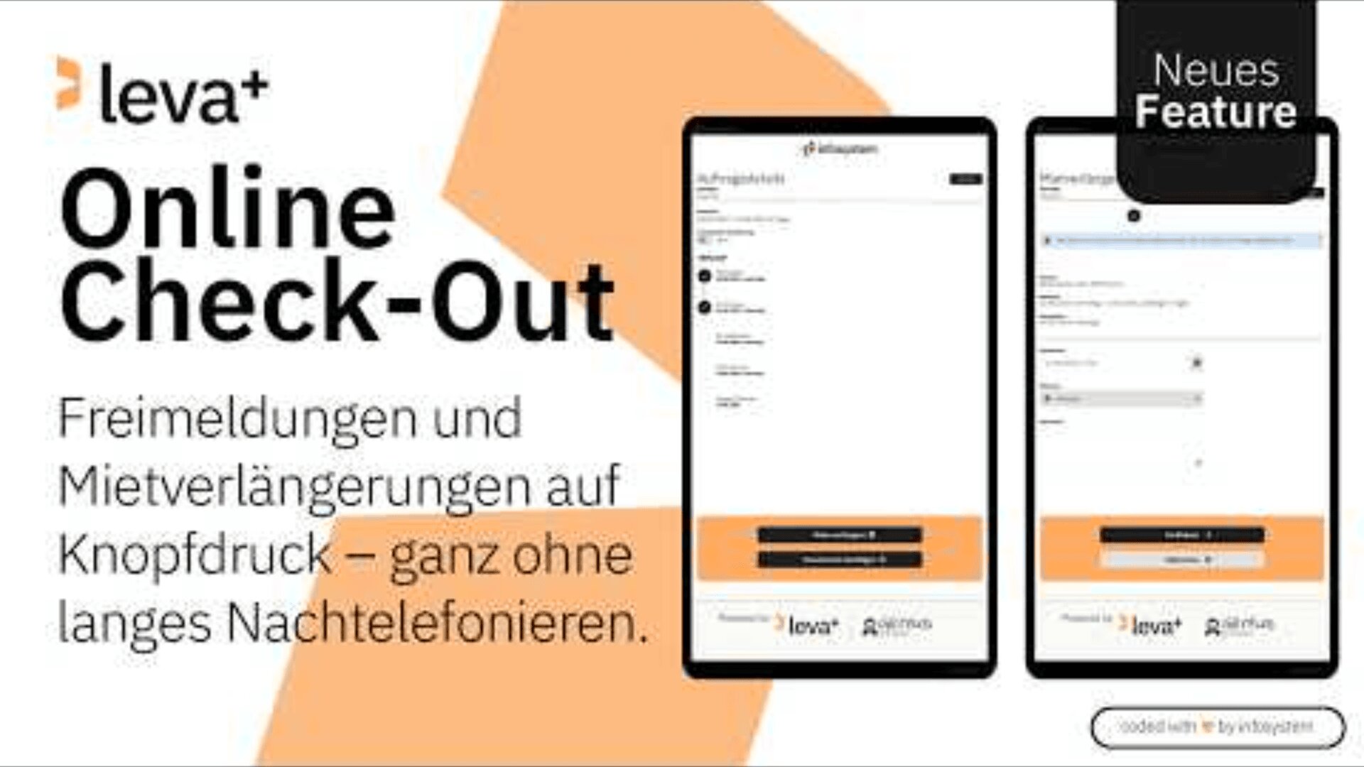 Zwei Smartphone-Bildschirme zeigen die leva+ Online Check-Out-Schnittstelle an. Der Text hebt das sofortige Auschecken und die Mietverlängerung ohne langwierige Nachtanrufe hervor. In der oberen rechten Ecke steht ein schwarzes Etikett mit der Aufschrift "Neues Feature".