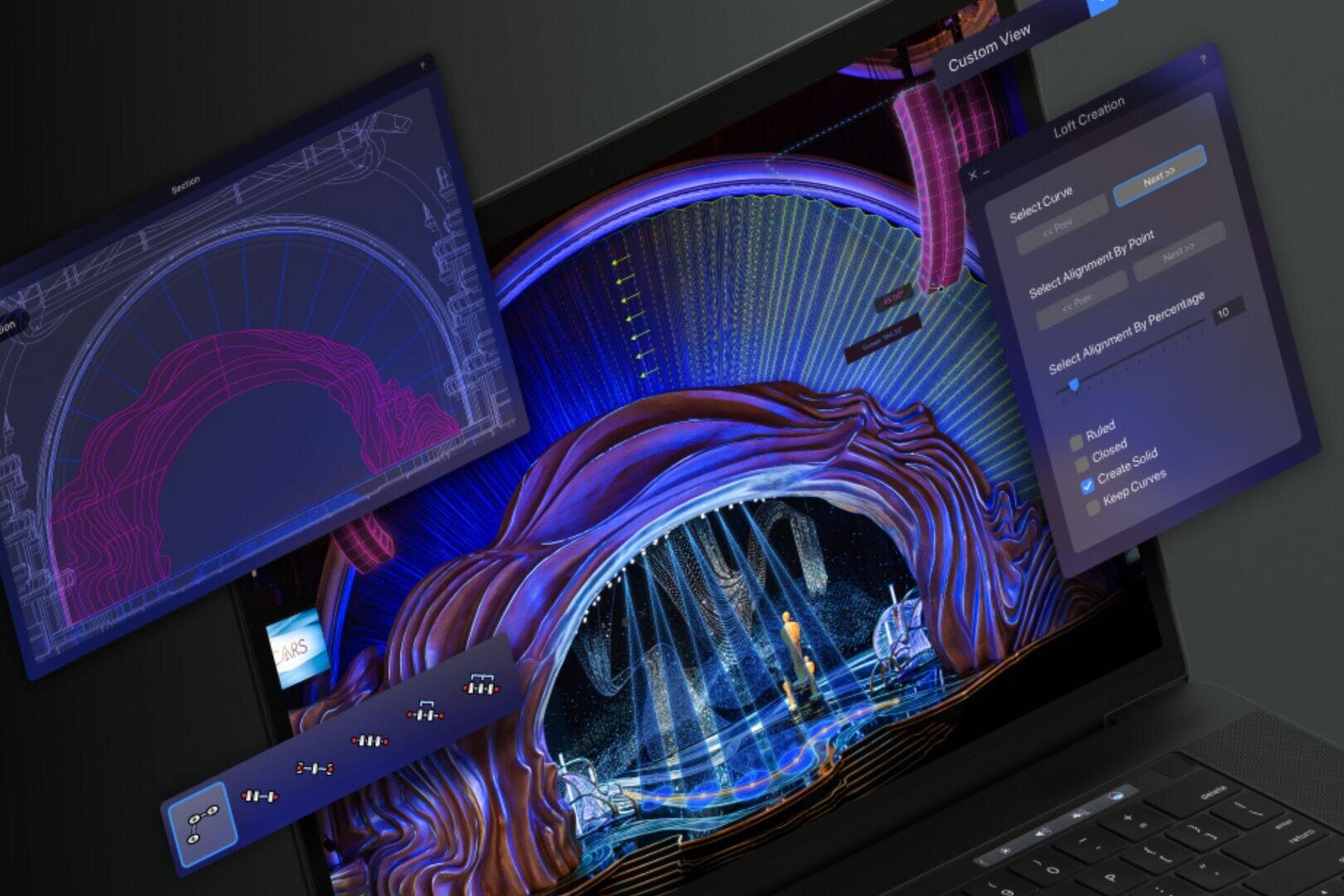 Auf einem Laptop-Bildschirm wird eine Bühnenbildsoftware mit einem digitalen Modell einer farbenfrohen Theaterkulisse angezeigt. Einblendungen zeigen Entwürfe, Bearbeitungswerkzeuge und Menübretter und heben den Torbogen und die Lichteffekte der Bühne hervor.