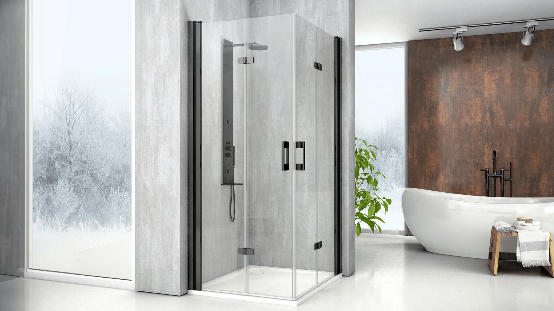 Modernes Badezimmer mit einer Glasduschkabine in der Ecke, angrenzend an große Milchglasfenster, einer weißen freistehenden Badewanne, einer Grünpflanze und einem minimalistischen Dekor in neutralen Tönen.