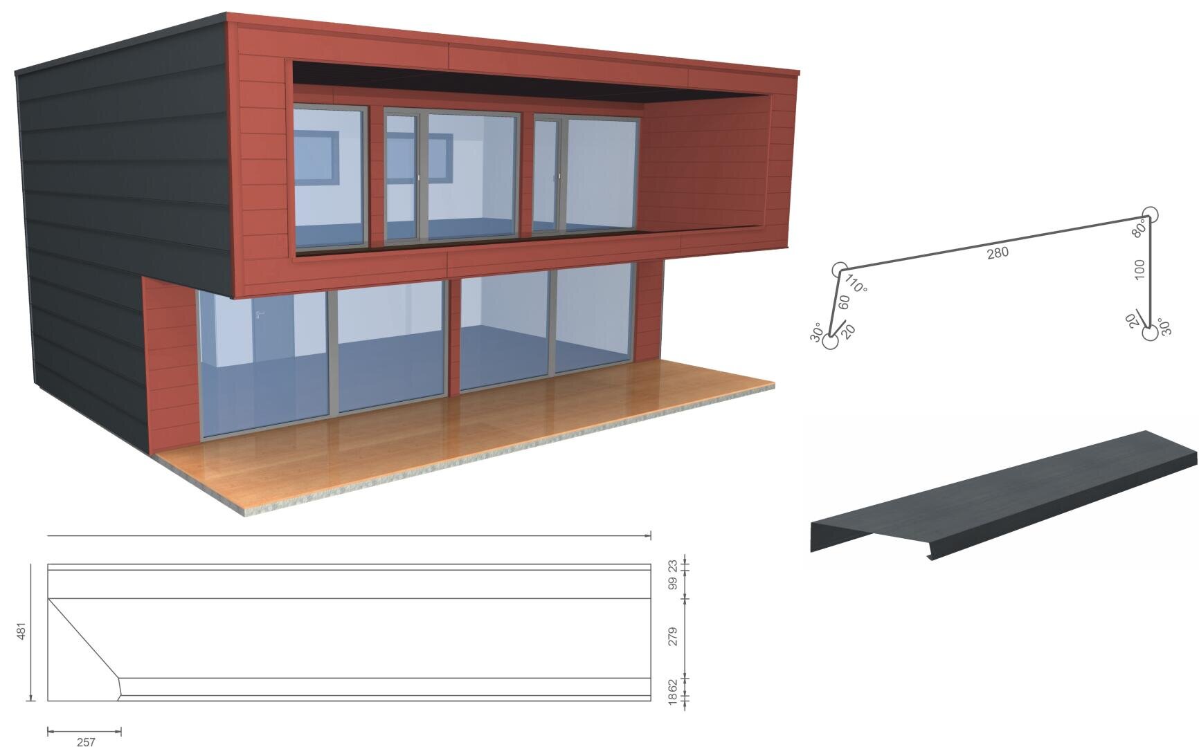 3D-Modell eines modernen zweistöckigen Gebäudes mit großen Fenstern, einem Grundriss mit Abmessungen und Nahaufnahmen eines schwarzen Metallprofils mit detaillierten Abmessungen.