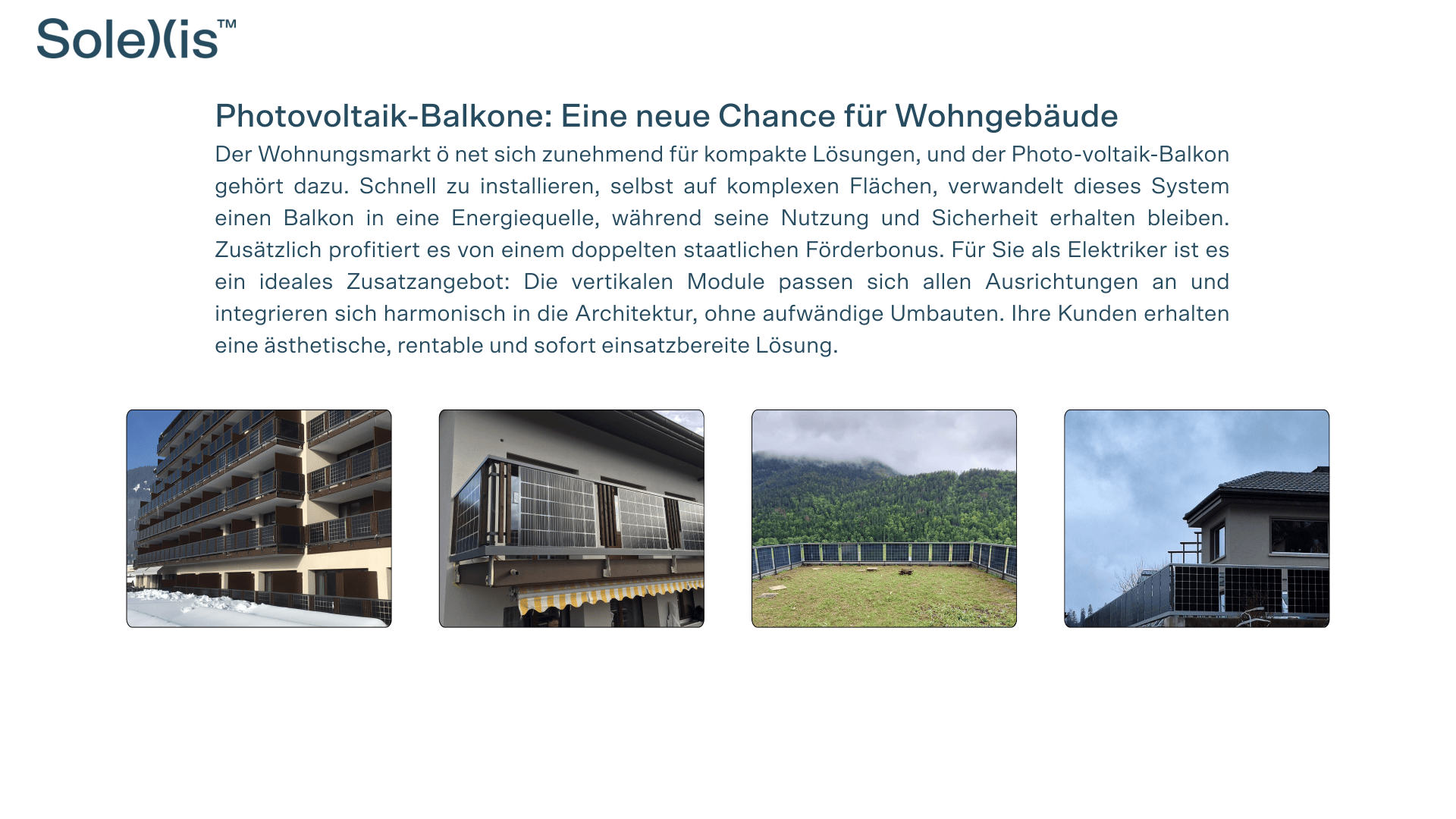 Vier Bilder von Wohngebäuden mit Balkonen, von denen einige mit Solarzellen ausgestattet sind; das erste zeigt ein großes Gebäude, das zweite eine Nahaufnahme eines Balkons mit Solarzellen, das dritte und vierte zeigen Häuser mit Solarzellen auf Balkonen.