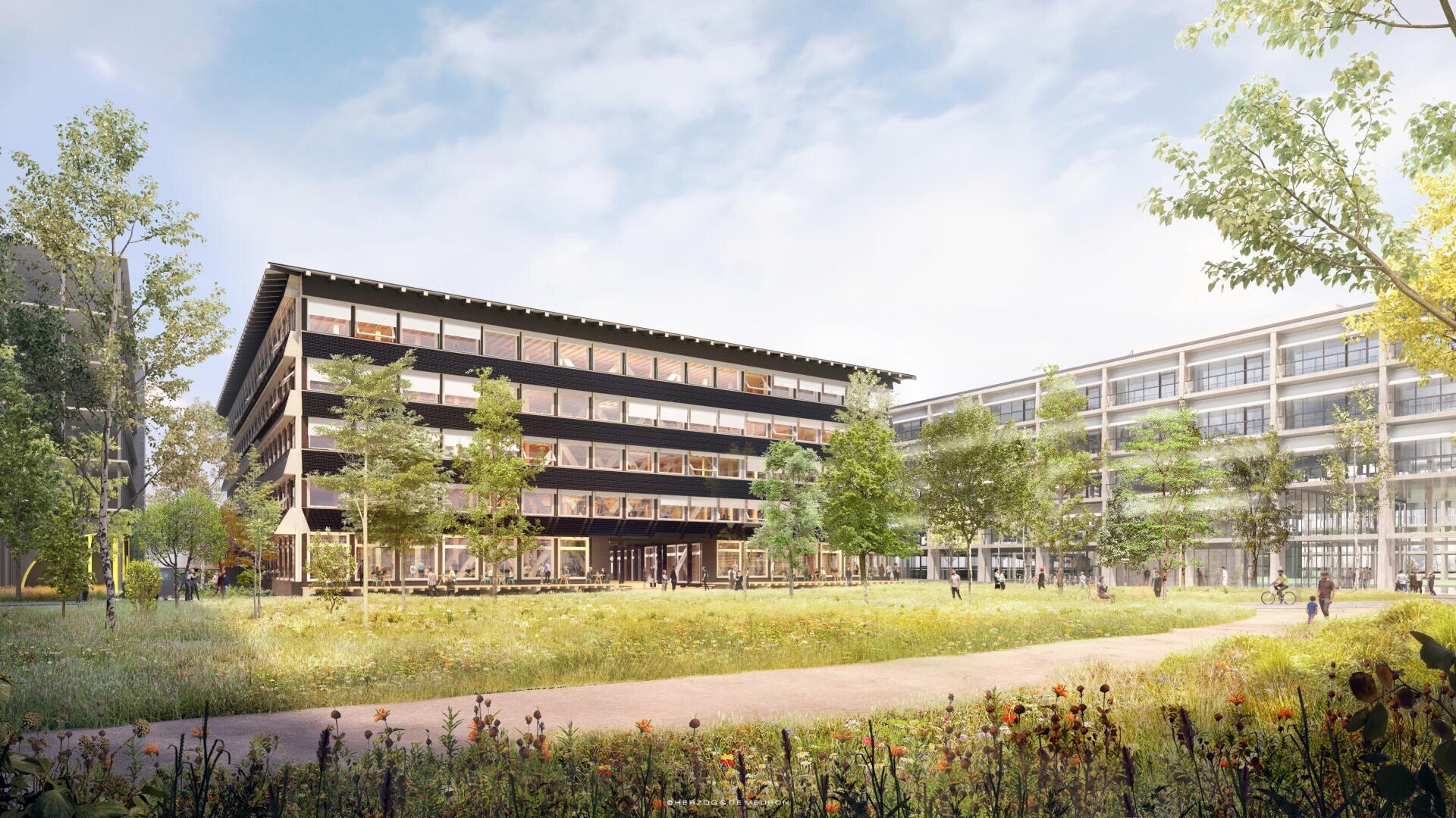 Ein modernes mehrstöckiges Gebäude mit großen Fenstern und Balkonen überblickt einen grünen Landschaftspark mit Bäumen, Wildblumen und Spazierwegen unter einem teilweise bewölkten Himmel. Die Menschen gehen spazieren und genießen den Platz im Freien.
