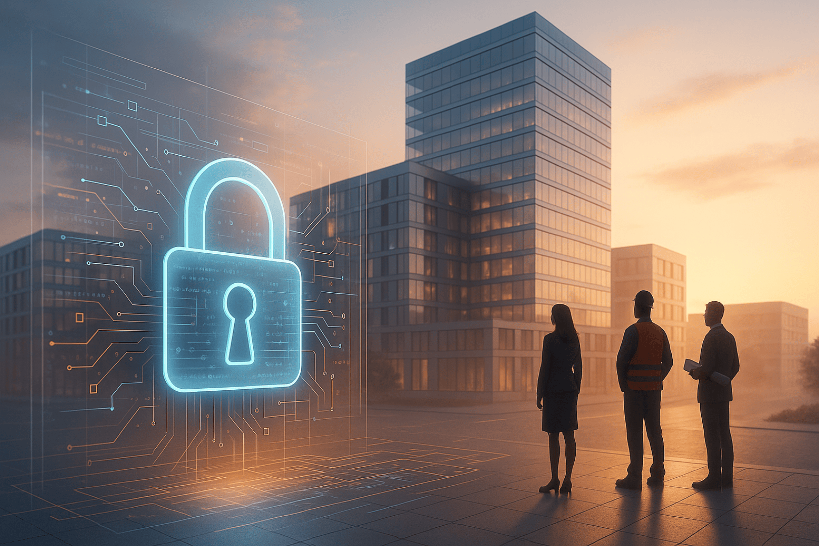 Drei Personen stehen bei Sonnenaufgang vor modernen Bürogebäuden und blicken auf ein großes digitales Hologramm eines Vorhängeschlosses, das Cybersicherheit und Datenschutz in einem städtischen Geschäftsumfeld symbolisiert.