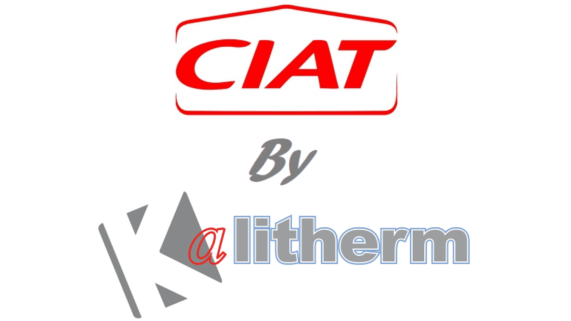 Logo avec CIAT en lettres rouges grasses à l'intérieur d'un contour rouge en haut, By en écriture grise au milieu, et Kalitherm en texte stylisé gris et bleu en bas.
