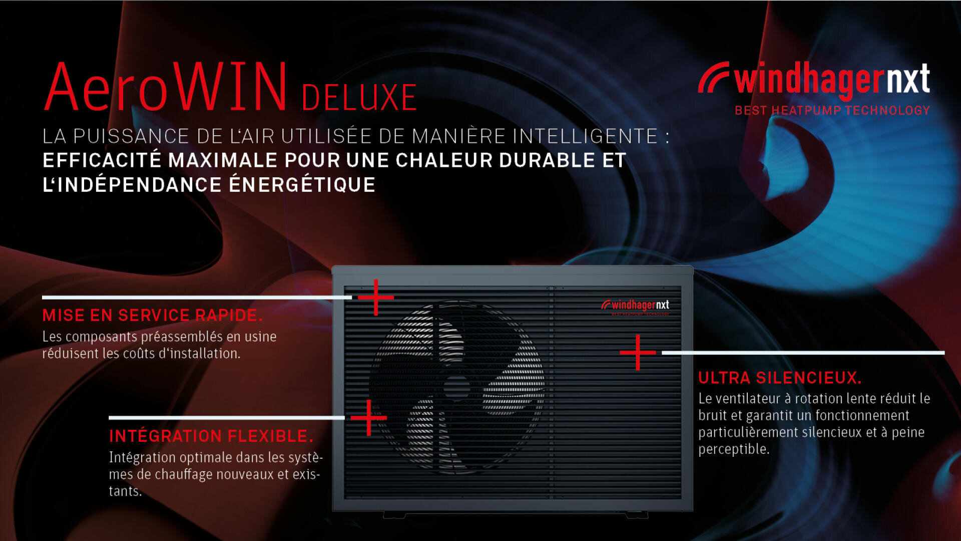 Une pompe à chaleur Windhager nxt AeroWIN Deluxe noire est représentée sur un fond sombre avec des reflets rouges. Le texte en français décrit sa rapidité d'installation, sa souplesse d'intégration et son fonctionnement ultra-silencieux.