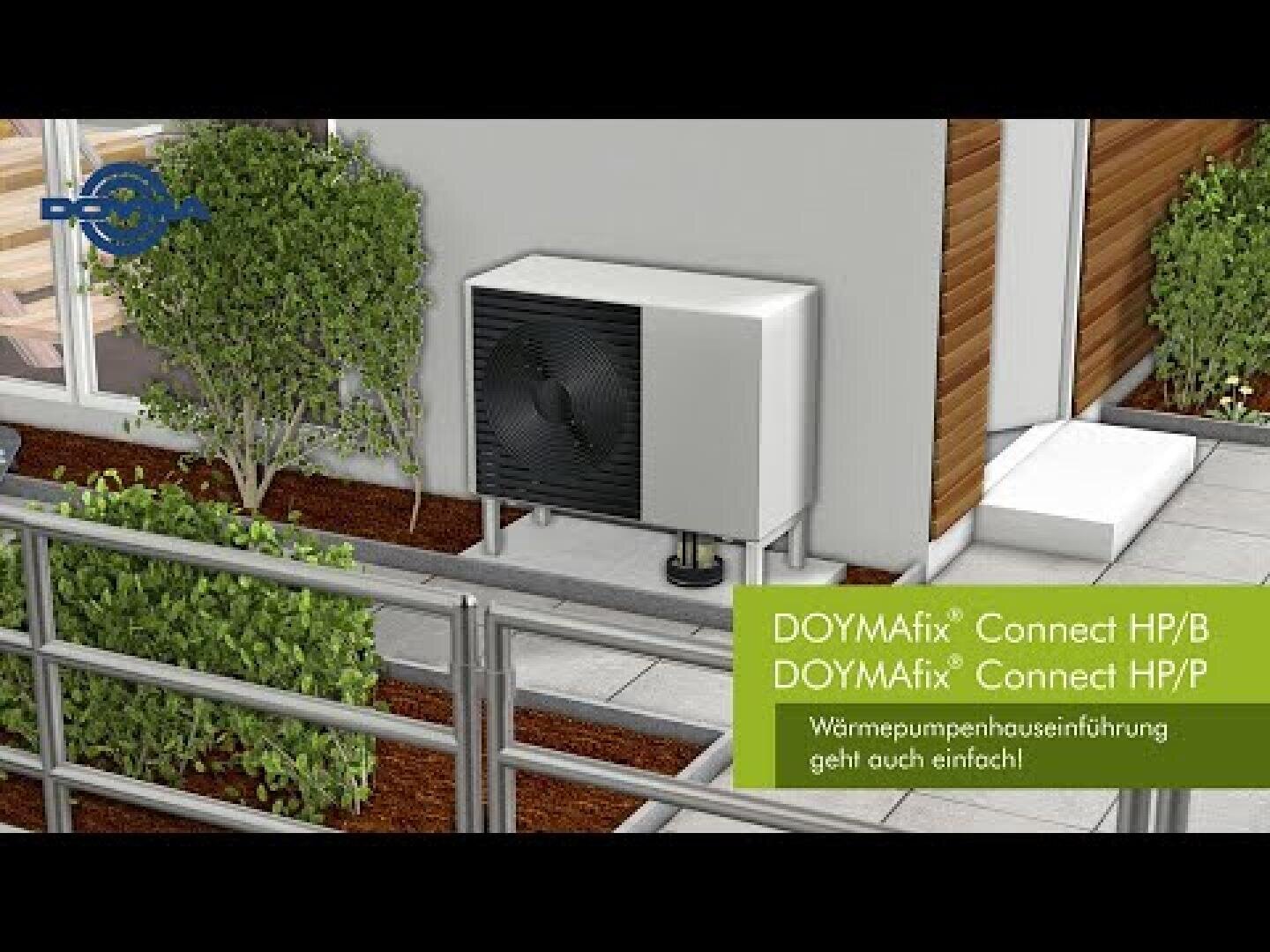 Une unité de pompe à chaleur est installée à l'extérieur d'un bâtiment moderne, à proximité de quelques plantes, avec une balustrade métallique devant. Le texte fait la promotion de DOYMAfix Connect HP/B et HP/P, en français, pour l'installation facile de pompes à chaleur.