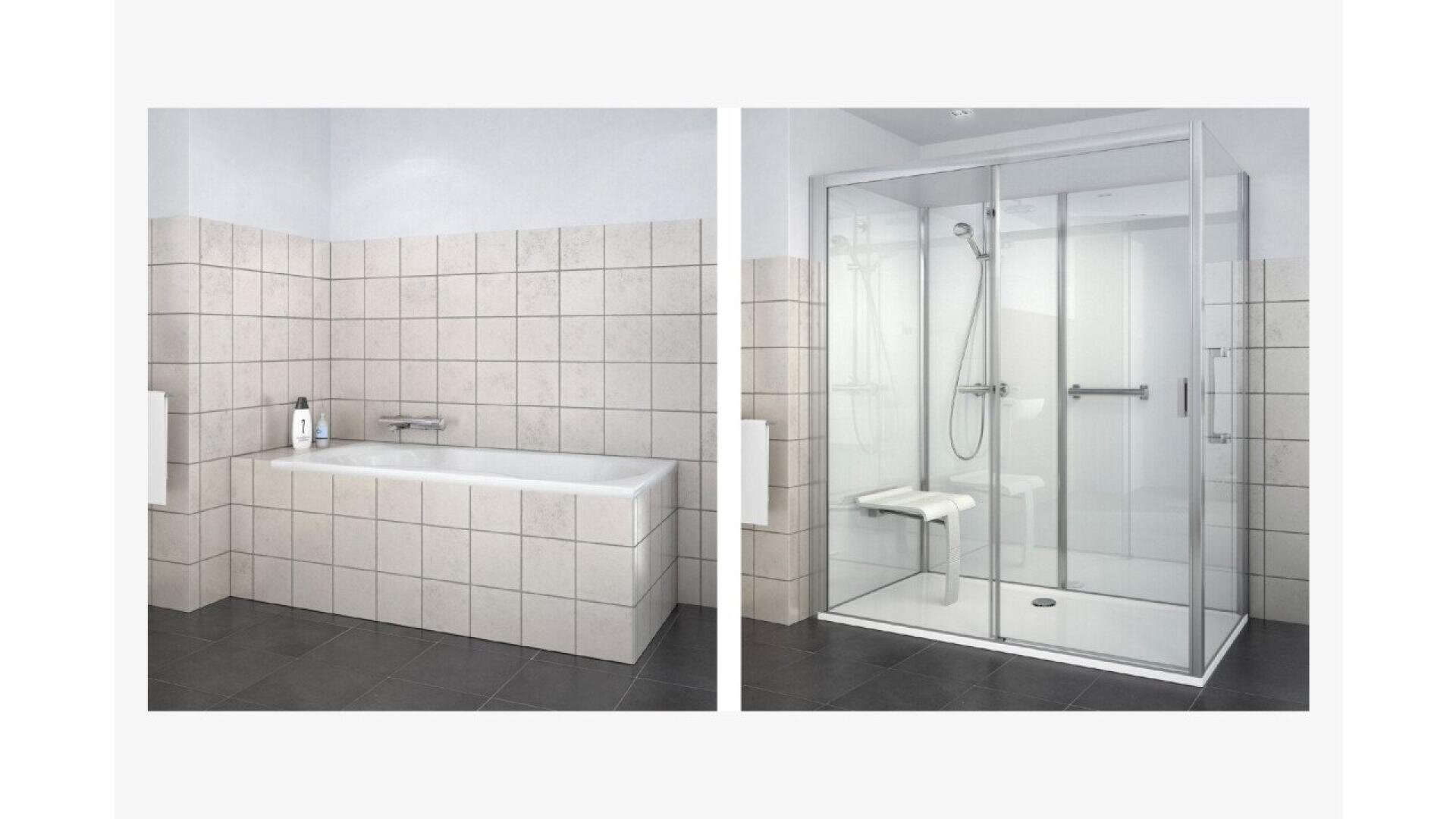 Images côte à côte d'une salle de bains : à gauche, une baignoire carrelée avec un robinet mural, et à droite, une douche à l'italienne avec des portes en verre, une barre de maintien, une pomme de douche et un siège rabattable.