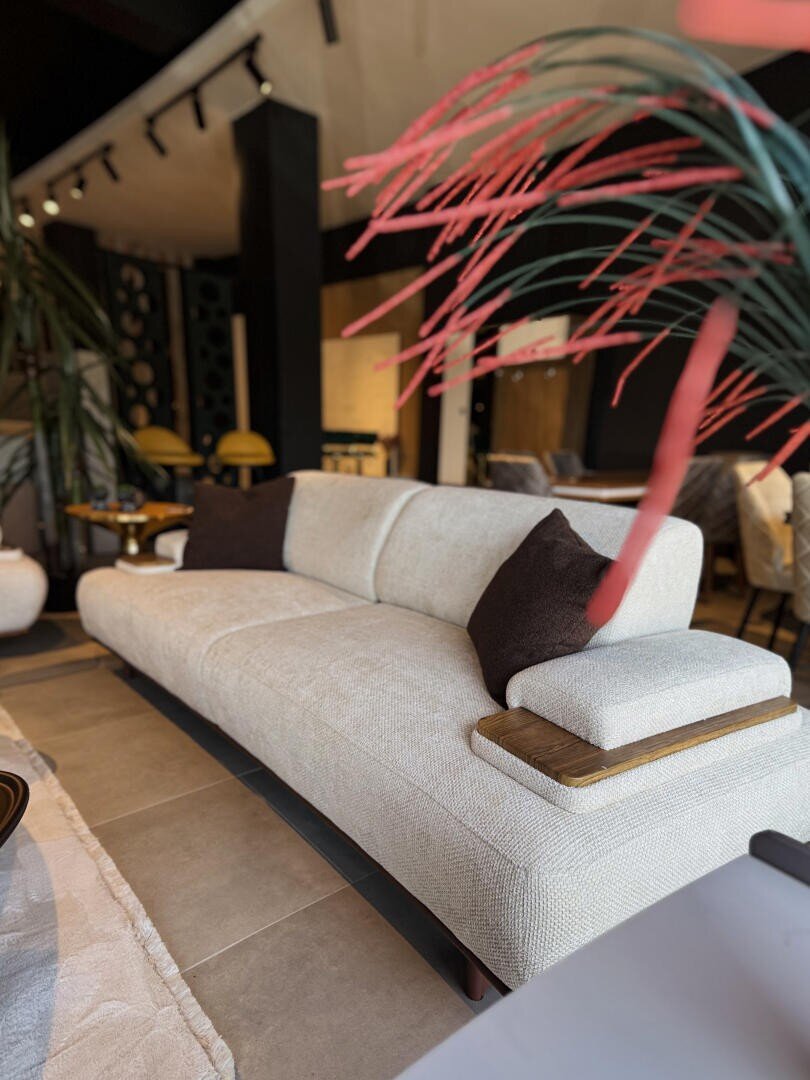 Ein modernes Wohnzimmer mit einem langen, hellbeigen Sofa mit Armlehnen aus Holz und dunkelbraunen Kissen, umgeben von zeitgenössischem Dekor und Möbeln, mit einer Pflanze im Vordergrund.