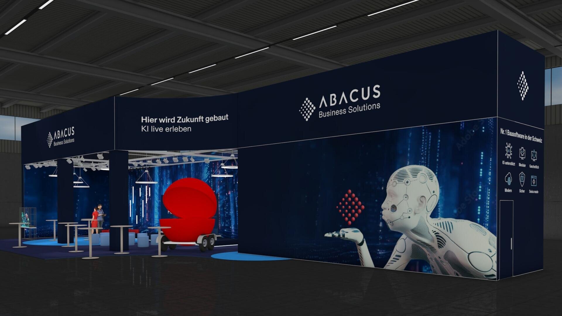 Ein eleganter Messestand für ABACUS Business Solutions zeigt eine große Grafik eines Roboters, digitale Icons und den Text Hier wird Zukunft gebaut KI live erleben unter einem modernen, blau beleuchteten Vordach in einer Kongresshalle.