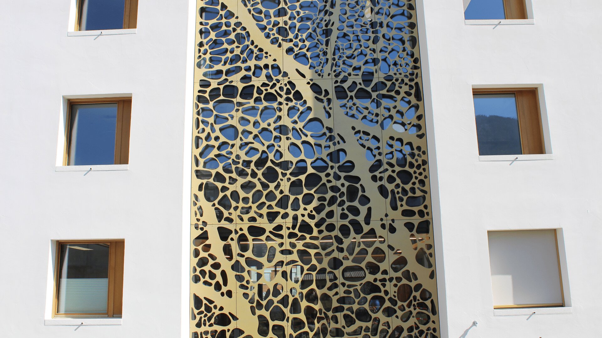 Eine moderne Gebäudefassade mit einer dekorativen Metallplatte mit einem abstrakten, organischen Muster zwischen holzgerahmten Fenstern vor einer weißen Wand.
