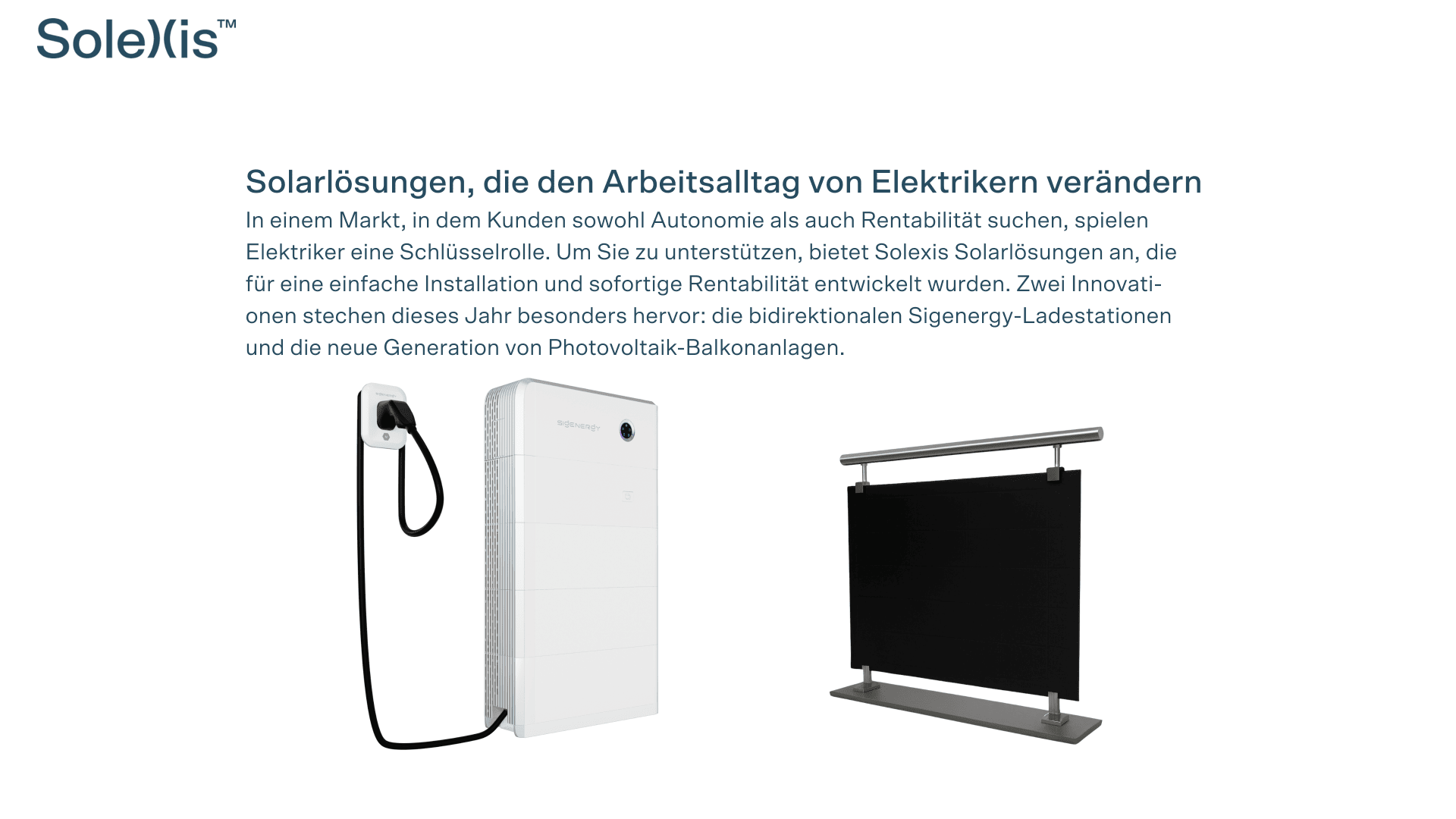 Eine Solexis Solarlösung mit weißem Energiespeichergerät und angeschlossenem Ladekabel links, daneben ein schwarzes, rahmenloses Solarmodul auf silbernem Ständer; deutscher Beschreibungstext oben.