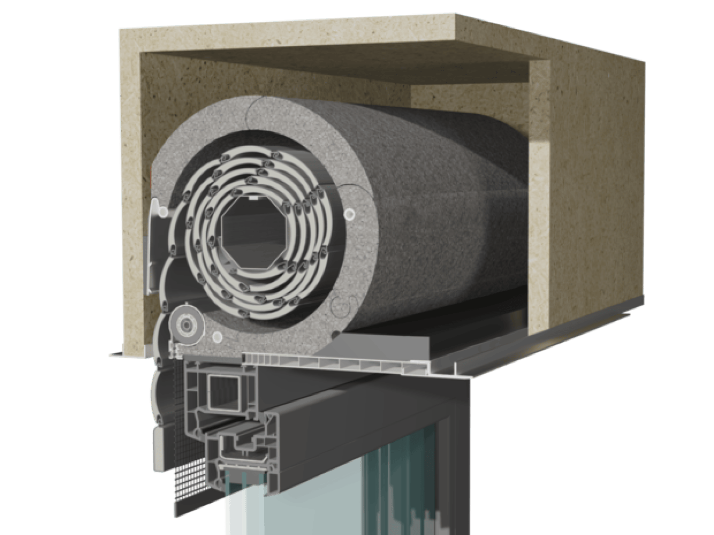 Querschnittsdarstellung eines über einem Fenster installierten Rollladensystems, die den Rollladen, das Gehäuse, die mechanischen Komponenten sowie einen Teil des Fensterrahmens und der Wand zeigt.
