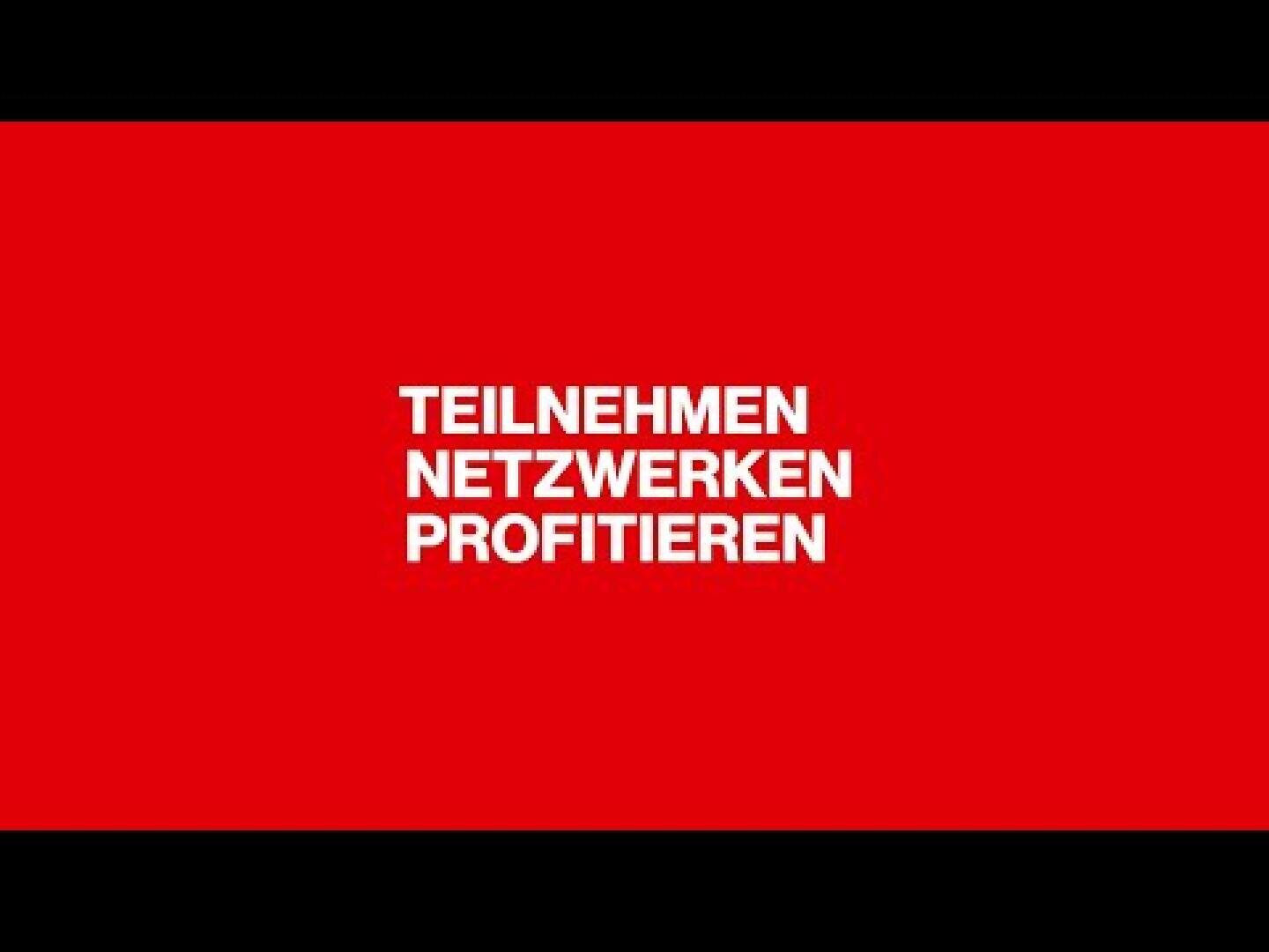Der weiße deutsche Text TEILNEHMEN NETZWERKEN PROFITIEREN erscheint zentriert auf einem leuchtend roten Hintergrund mit schwarzen Balken am oberen und unteren Rand.