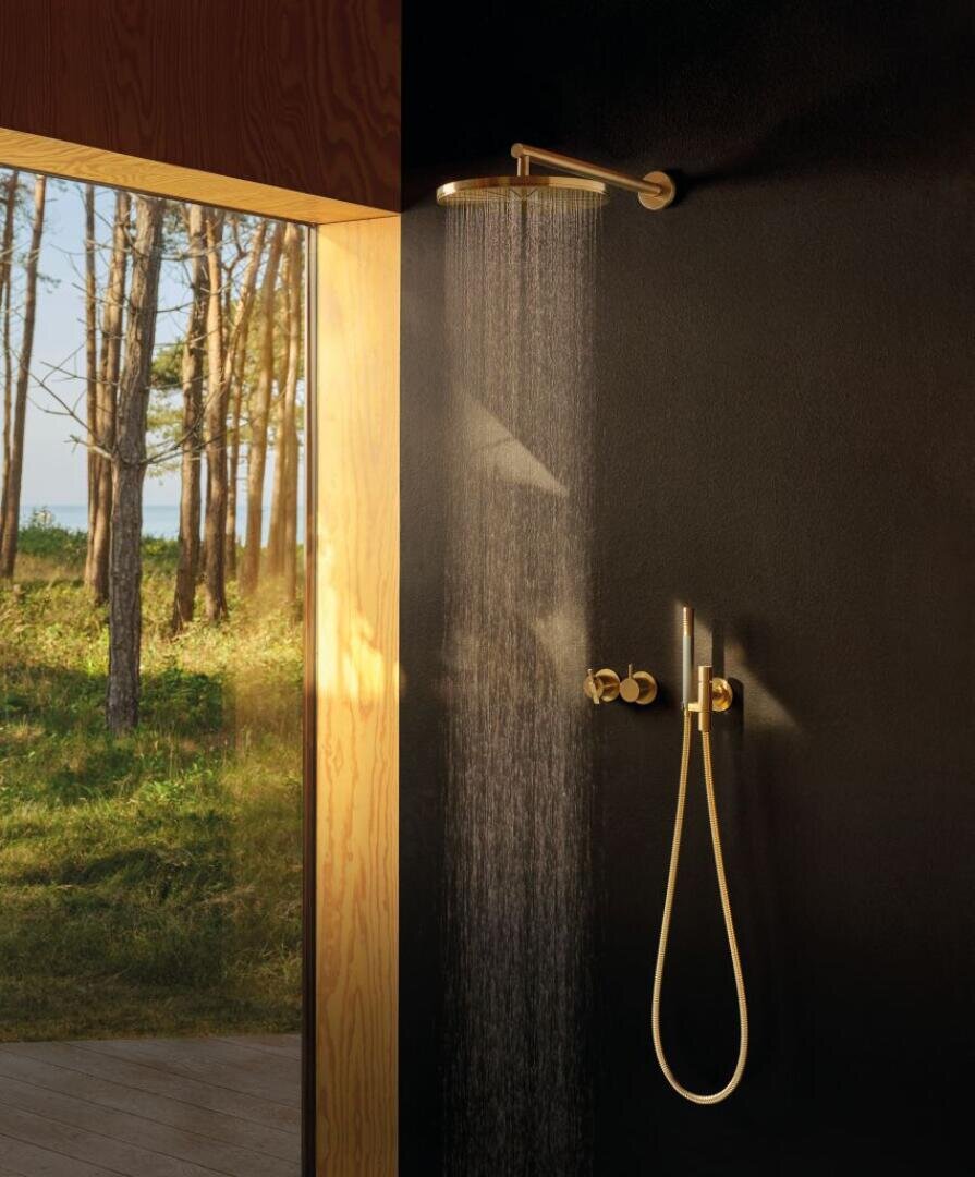 An einer dunklen Wand ist eine moderne Dusche mit einer goldenen Regendusche und Bedienelementen angebracht. Sonnenlicht strömt durch ein großes Fenster herein und gibt den Blick auf Bäume und Grünflächen frei.