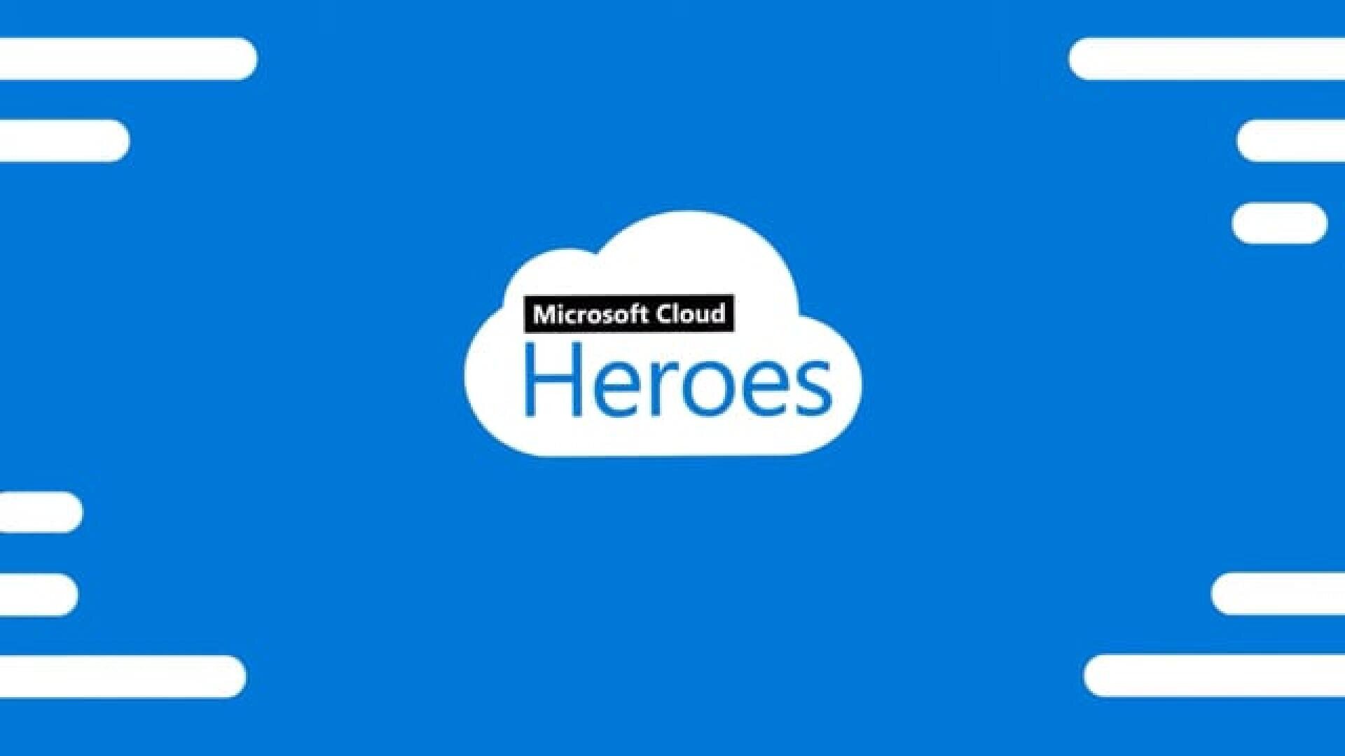 Ein blauer Hintergrund mit einer weißen Wolkenform in der Mitte, auf der die Worte Microsoft Cloud Heroes zu lesen sind. Weiße Linien schmücken den linken und rechten Rand des Bildes.