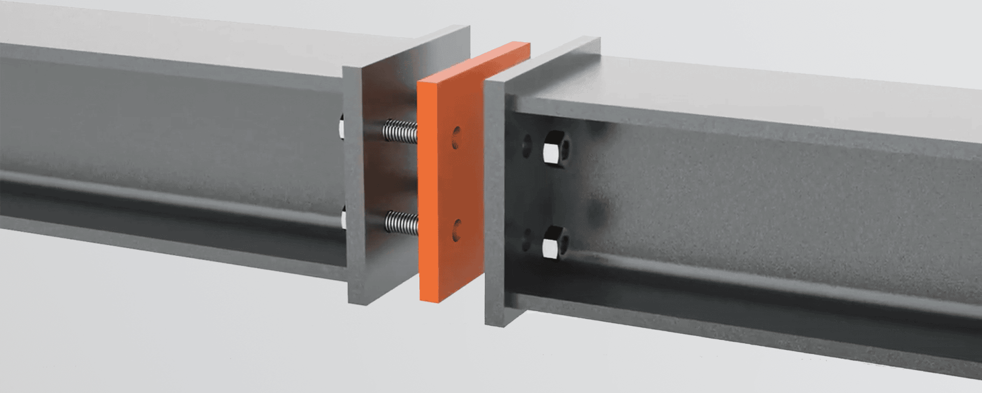 Ein digitales Rendering zeigt zwei Stahlträger, die durch eine orangefarbene Isolierplatte und Schrauben verbunden sind, wobei die Träger ausgerichtet, aber durch die Platte in der Mitte getrennt sind.
