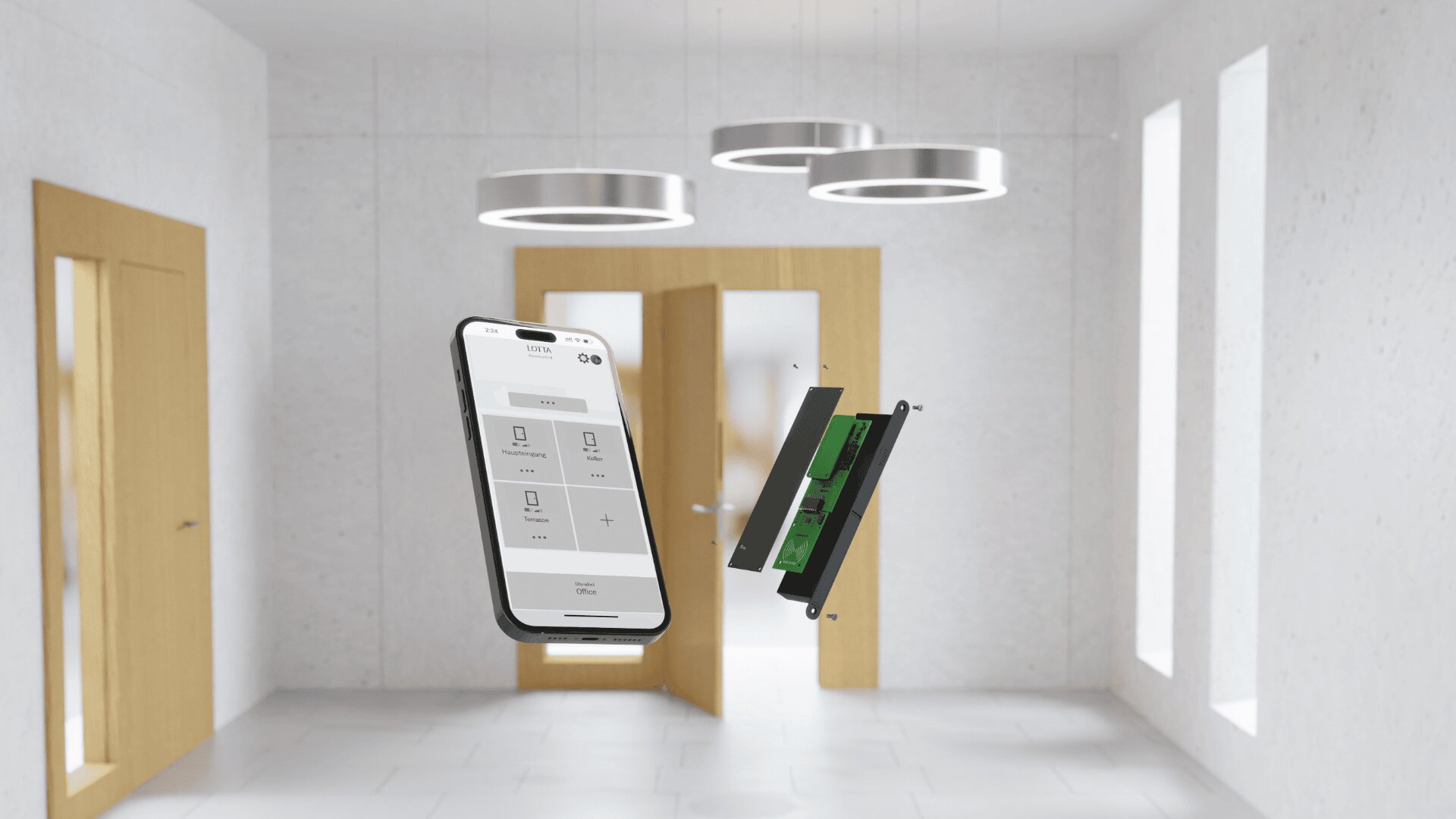 Un smartphone et un appareil électronique vert flottent dans l'air d'un couloir moderne et lumineux avec des portes en bois et des plafonniers circulaires. L'écran du téléphone affiche une interface de contrôle de maison intelligente.
