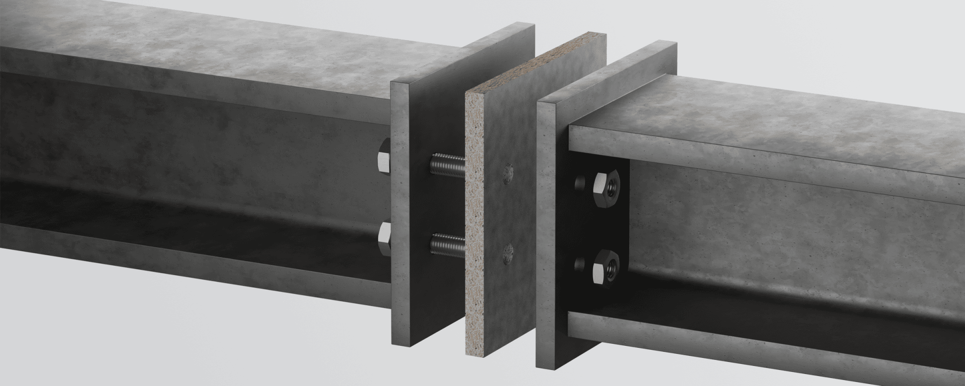 Zwei I-Träger aus Stahl werden mit Hilfe von Platten und Abstandshaltern durch eine Schraubverbindung miteinander verbunden. Die Montage wird in einer gerenderten 3D-Ansicht gezeigt.