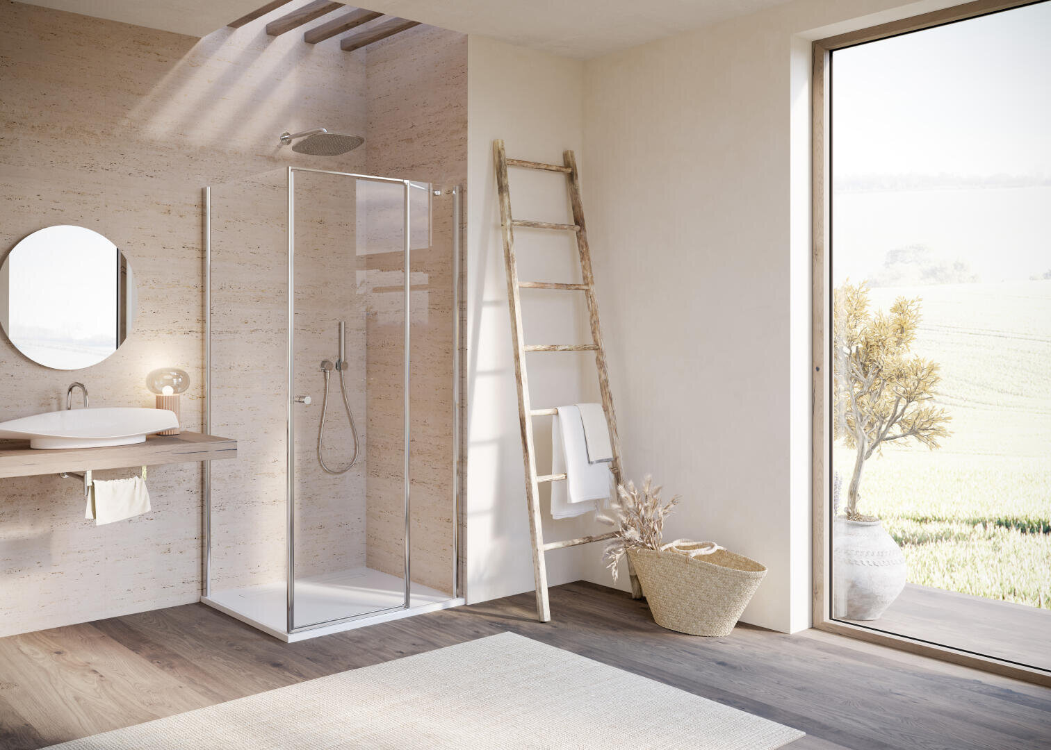 Ein modernes, minimalistisches Badezimmer mit einer Glasdusche, einem runden Spiegel, einem hölzernen Waschtisch, einem rustikalen Handtuchhalter, einem geflochtenen Korb und einem großen Fenster mit Blick auf eine sonnige Außenlandschaft.